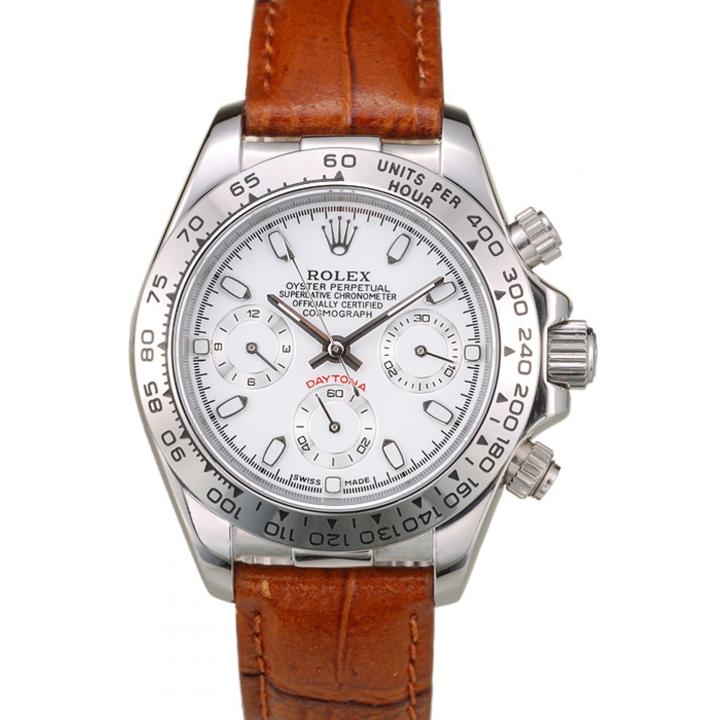 RepTime Watches Rolex Daytona Lady Stainless Steel Case White Dial Brown Leather Strap Tachymeter