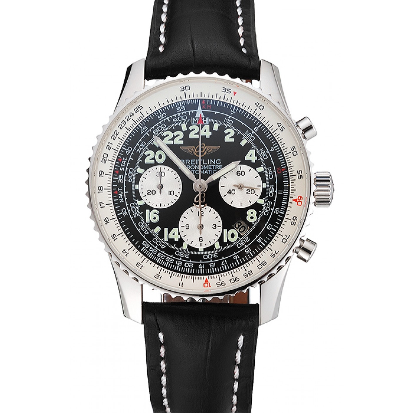 Swiss Breitling Navitimer Cosmonaute Black Dial Stainless Steel Case Black Leather Strap