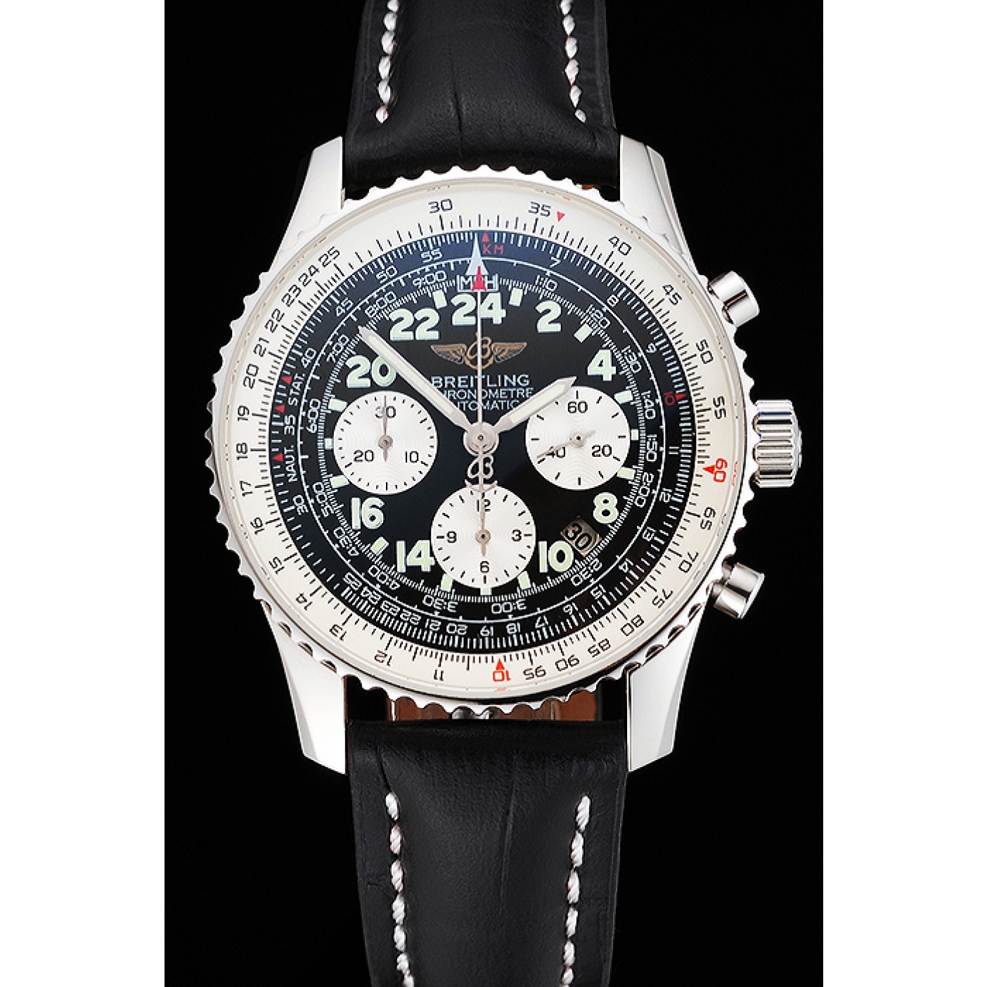 Swiss Breitling Navitimer Cosmonaute Black Dial Stainless Steel Case Black Leather Strap