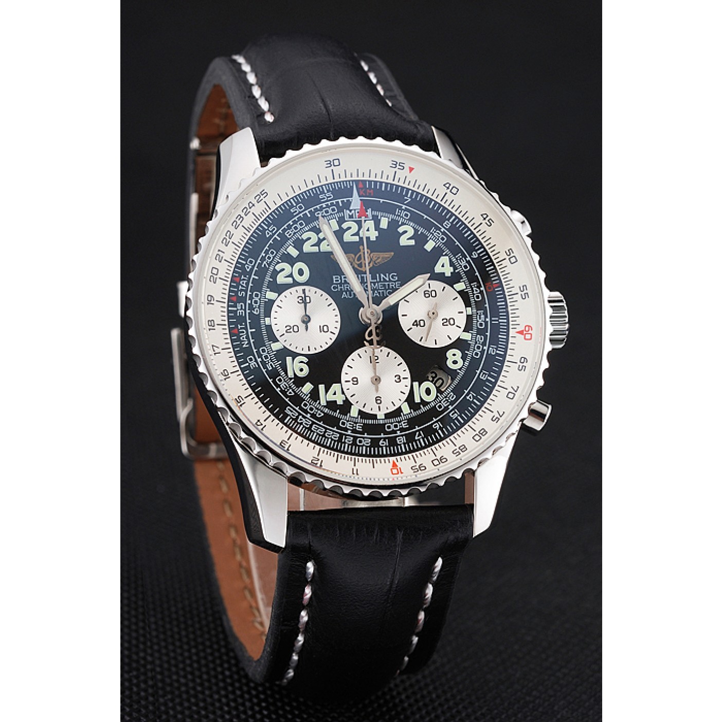 Swiss Breitling Navitimer Cosmonaute Black Dial Stainless Steel Case Black Leather Strap