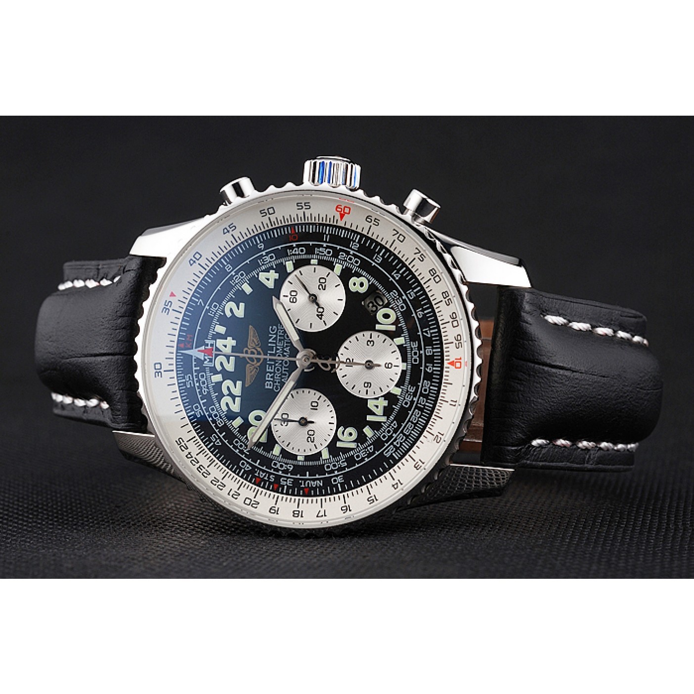 Swiss Breitling Navitimer Cosmonaute Black Dial Stainless Steel Case Black Leather Strap