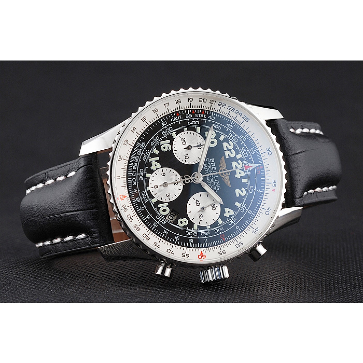 Swiss Breitling Navitimer Cosmonaute Black Dial Stainless Steel Case Black Leather Strap