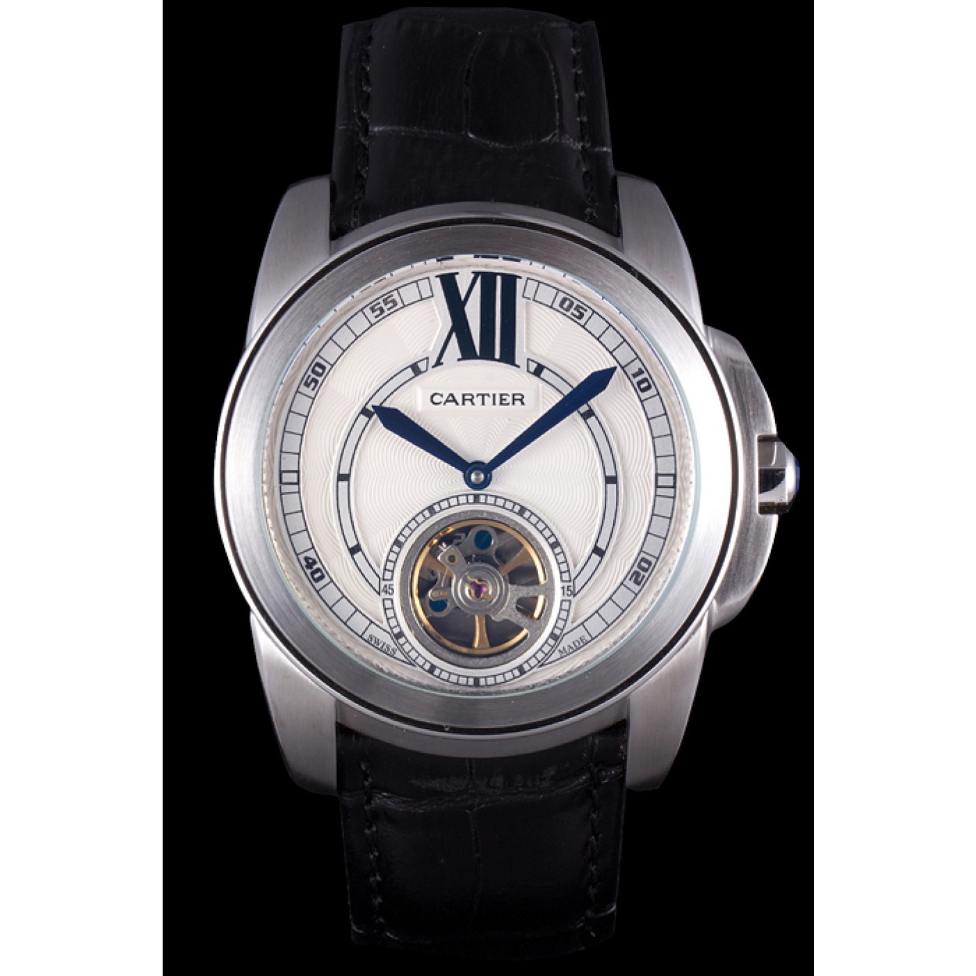 Cartier Calibre Flying Tourbillon White Dial Stainless Steel Case Black Leather Bracelet