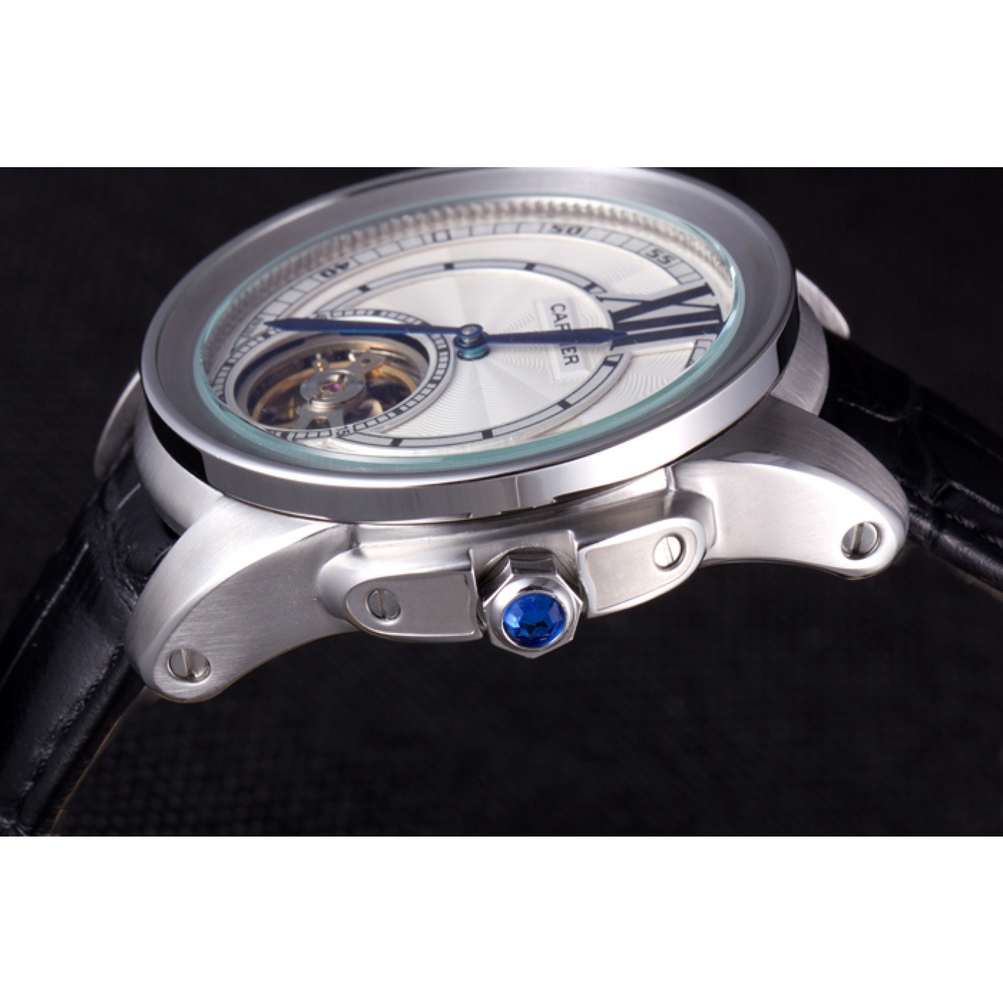 Cartier Calibre Flying Tourbillon White Dial Stainless Steel Case Black Leather Bracelet