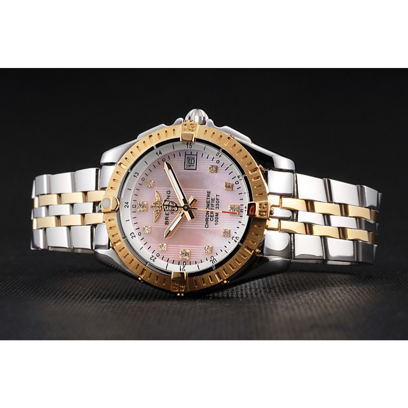 Breitling Colt Lady Pink Dial Diamond Hour Marks Gold Bezel Stainless Steel Case Two Tone Bracelet