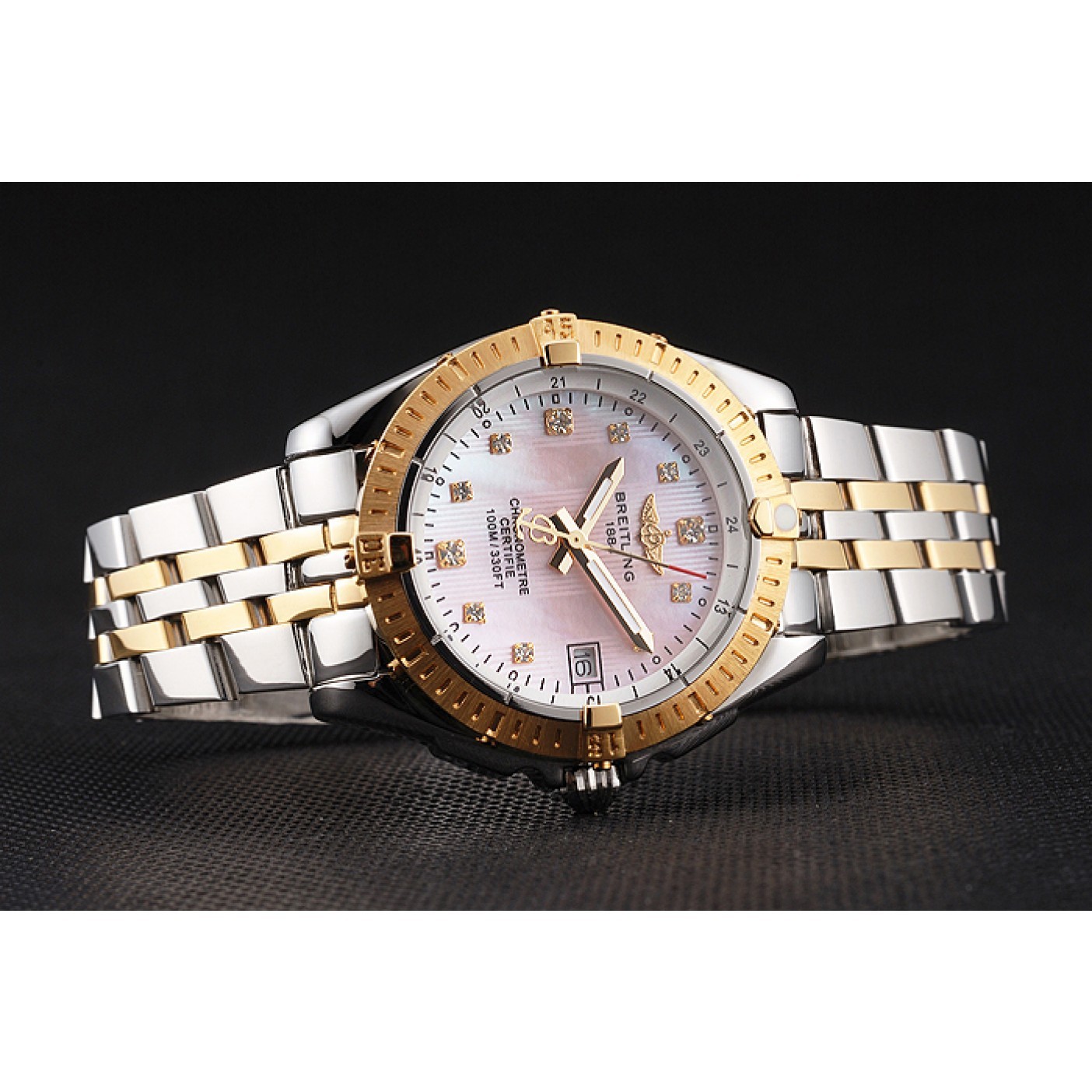 Breitling Colt Lady Pink Dial Diamond Hour Marks Gold Bezel Stainless Steel Case Two Tone Bracelet