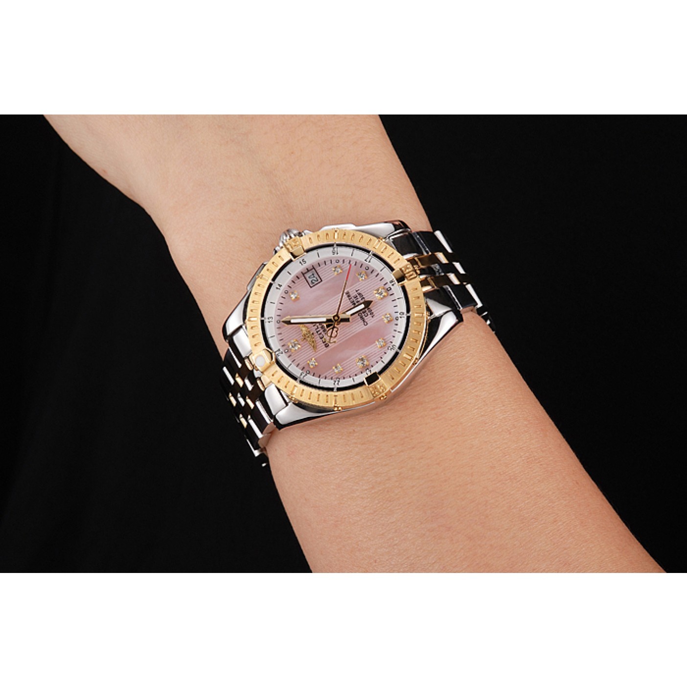 Breitling Colt Lady Pink Dial Diamond Hour Marks Gold Bezel Stainless Steel Case Two Tone Bracelet