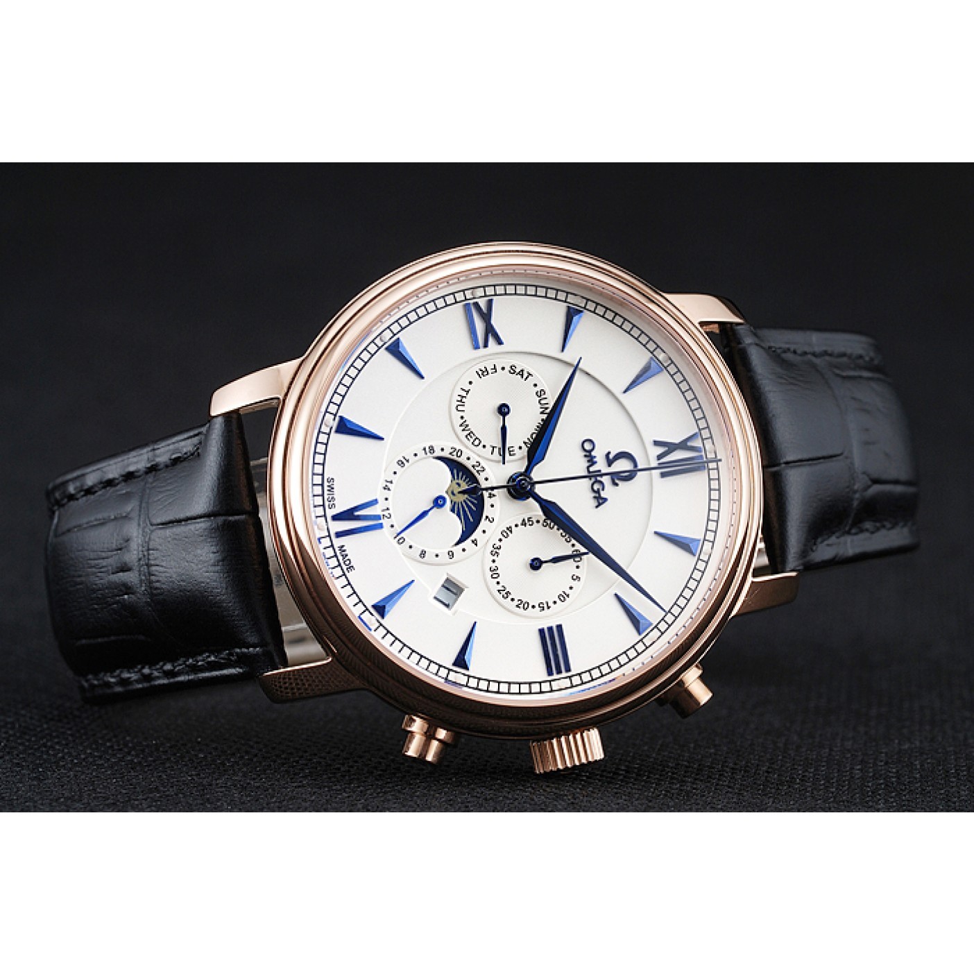 Omega De Ville Moonphase White Dial Rose Gold Case Black Leather Bracelet 1454227