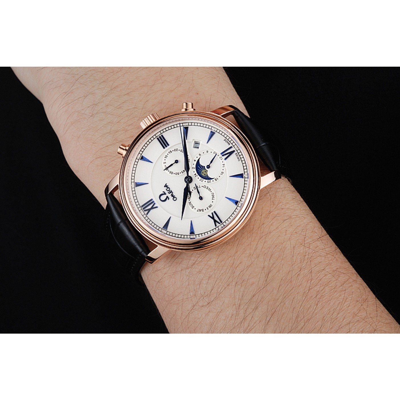 Omega De Ville Moonphase White Dial Rose Gold Case Black Leather Bracelet 1454227