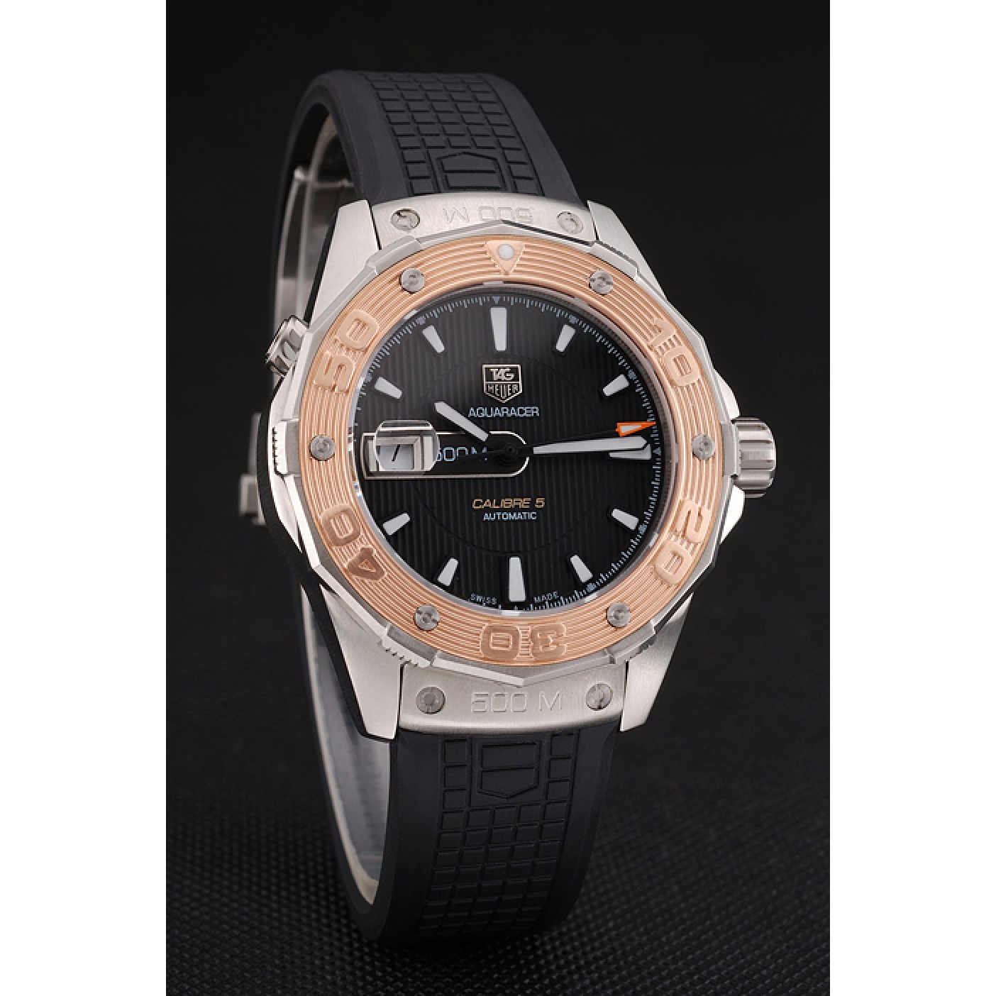 Swiss Tag Heuer Aquaracer Calibre 5 Black Dial Gold Bezel Stainless Steel Case Black Rubber Strap