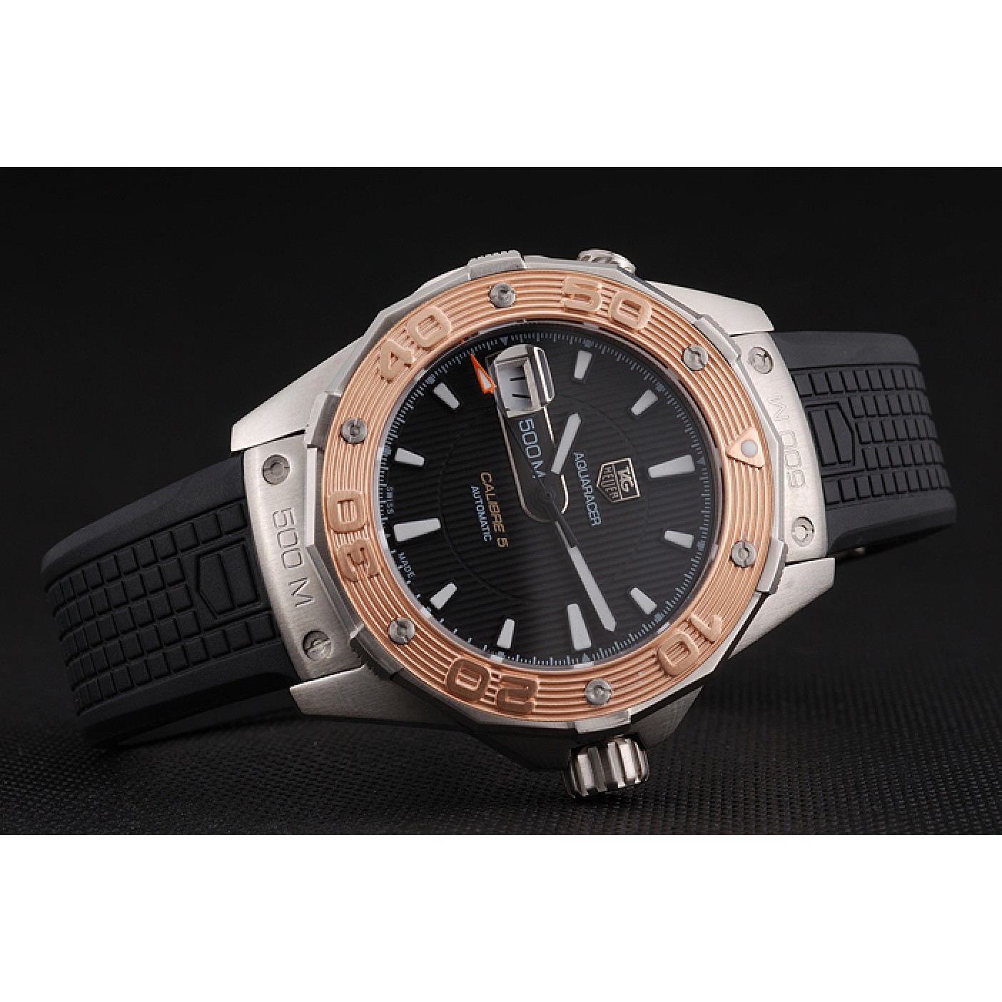 Swiss Tag Heuer Aquaracer Calibre 5 Black Dial Gold Bezel Stainless Steel Case Black Rubber Strap