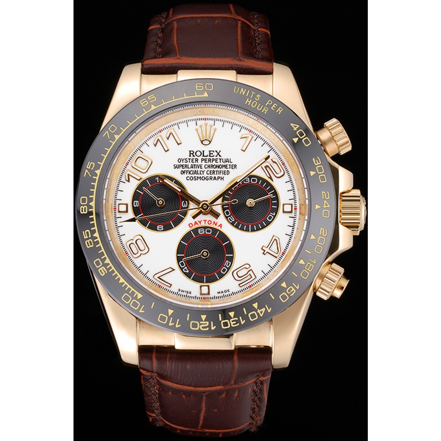 RepTime Watches Rolex Cosmograph Daytona Gold Case Black Subdials Brown Leather Bracelet 622634