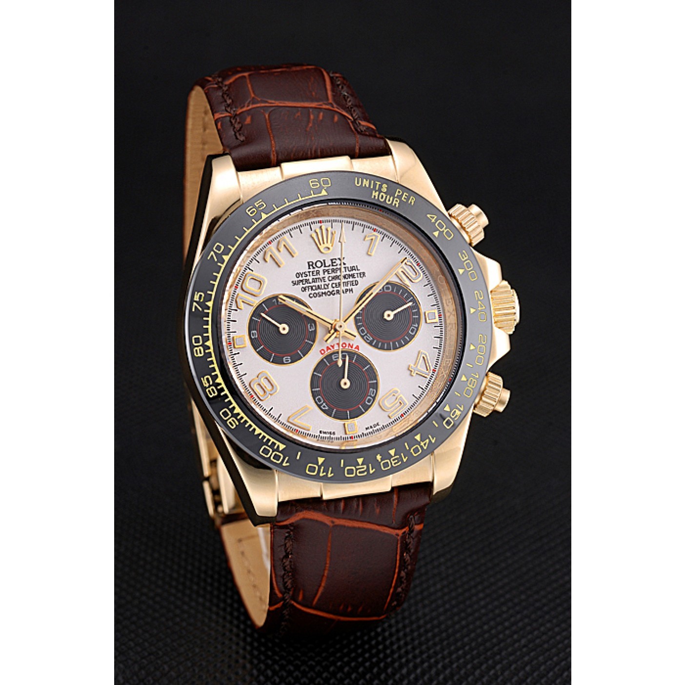 Rolex Cosmograph Daytona Gold Case Black Subdials Brown Leather Bracelet 622634