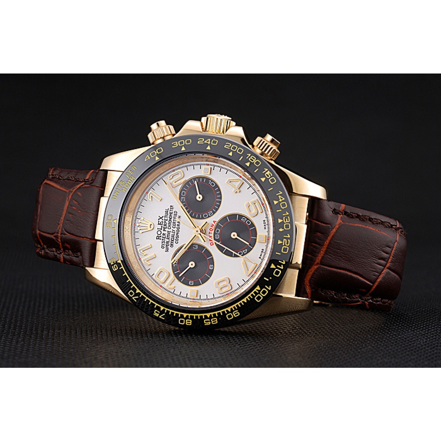 Rolex Cosmograph Daytona Gold Case Black Subdials Brown Leather Bracelet 622634