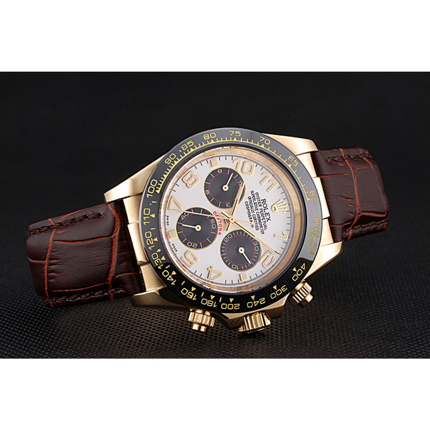 Rolex Cosmograph Daytona Gold Case Black Subdials Brown Leather Bracelet 622634