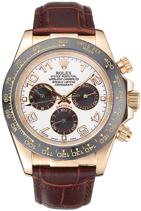 RepTime Watches Rolex Cosmograph Daytona Gold Case Black Subdials Brown Leather Bracelet 622634