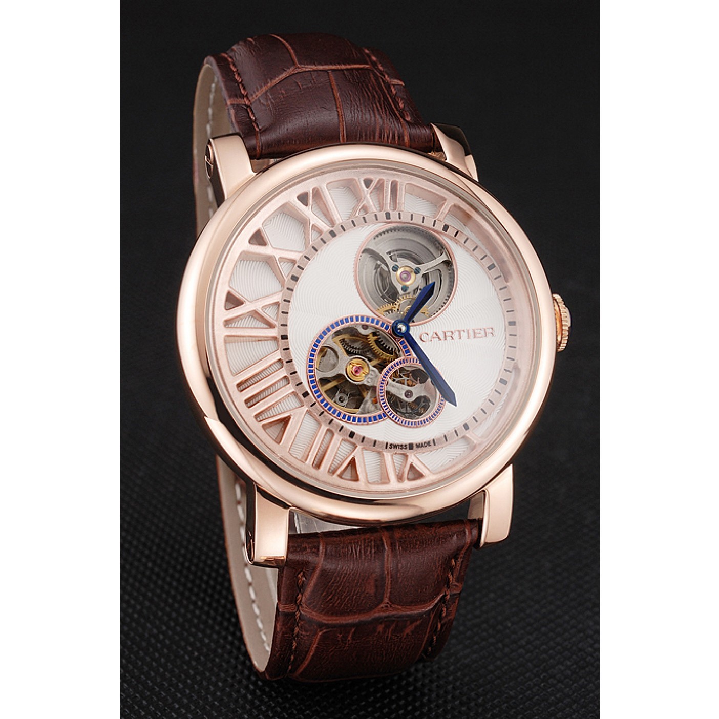 Cartier Rotonde De Cartier Flying Tourbillon White Dial Rose Gold Numerals Rose Gold Case Brown Leather Strap