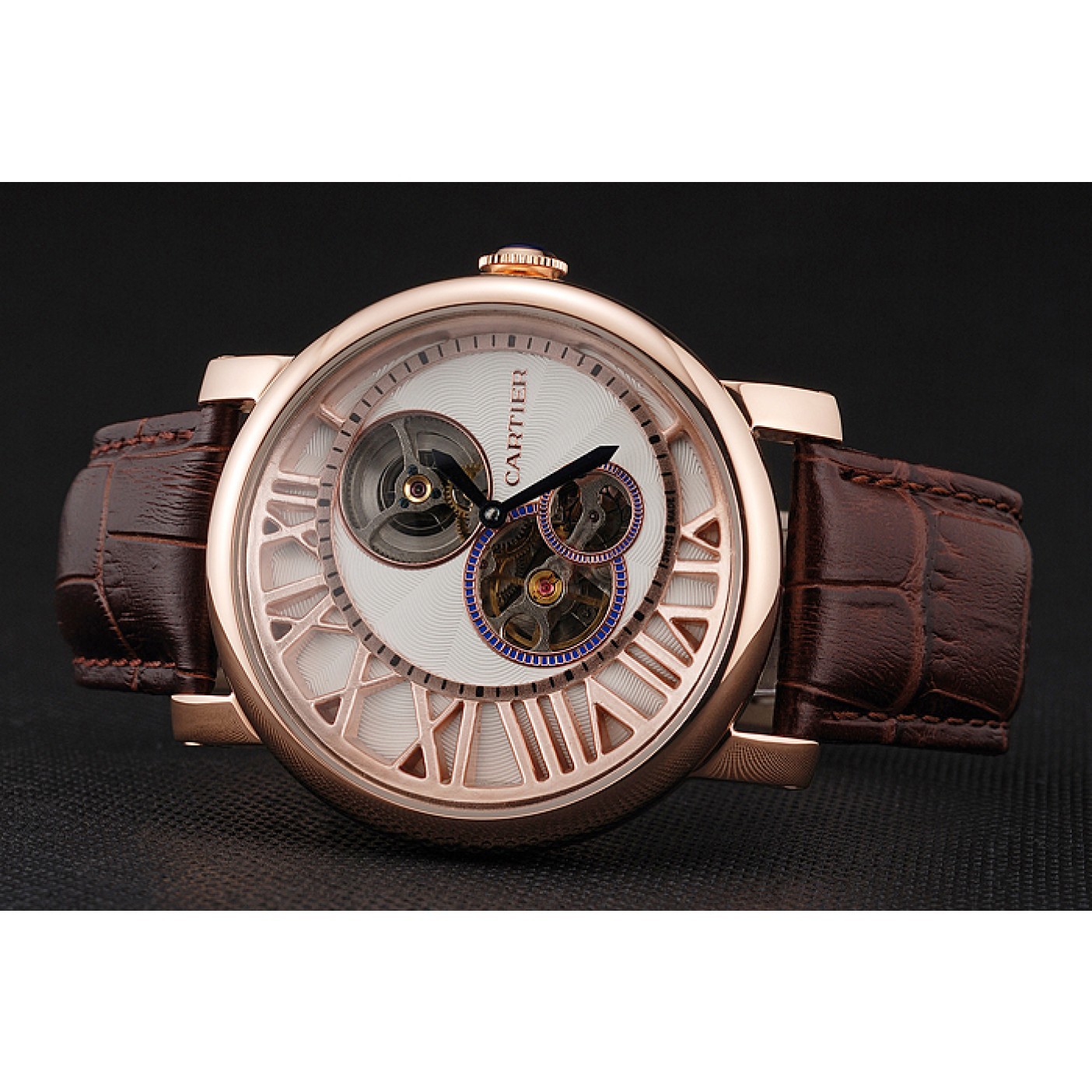 Cartier Rotonde De Cartier Flying Tourbillon White Dial Rose Gold Numerals Rose Gold Case Brown Leather Strap