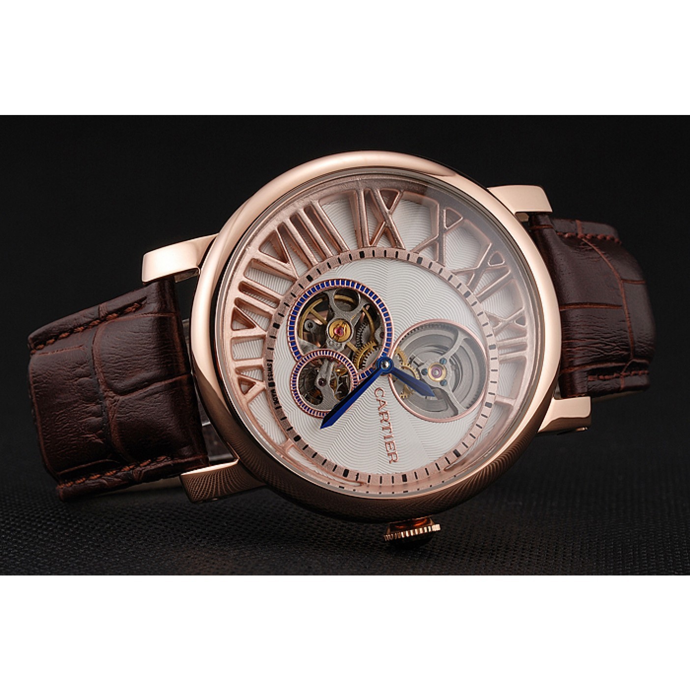 Cartier Rotonde De Cartier Flying Tourbillon White Dial Rose Gold Numerals Rose Gold Case Brown Leather Strap