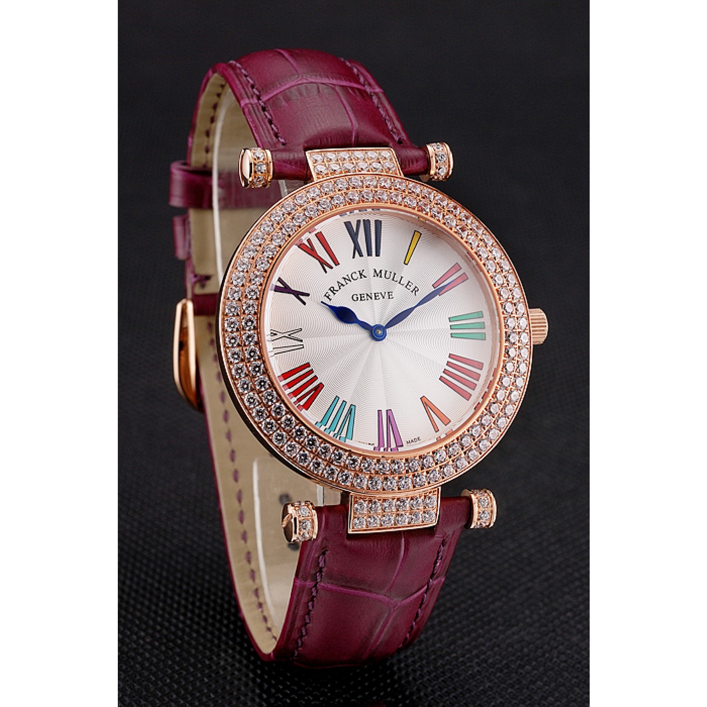 Franck Muller Double Mistery Ronde White Dial Rose Gold Case Plum Leather Strap