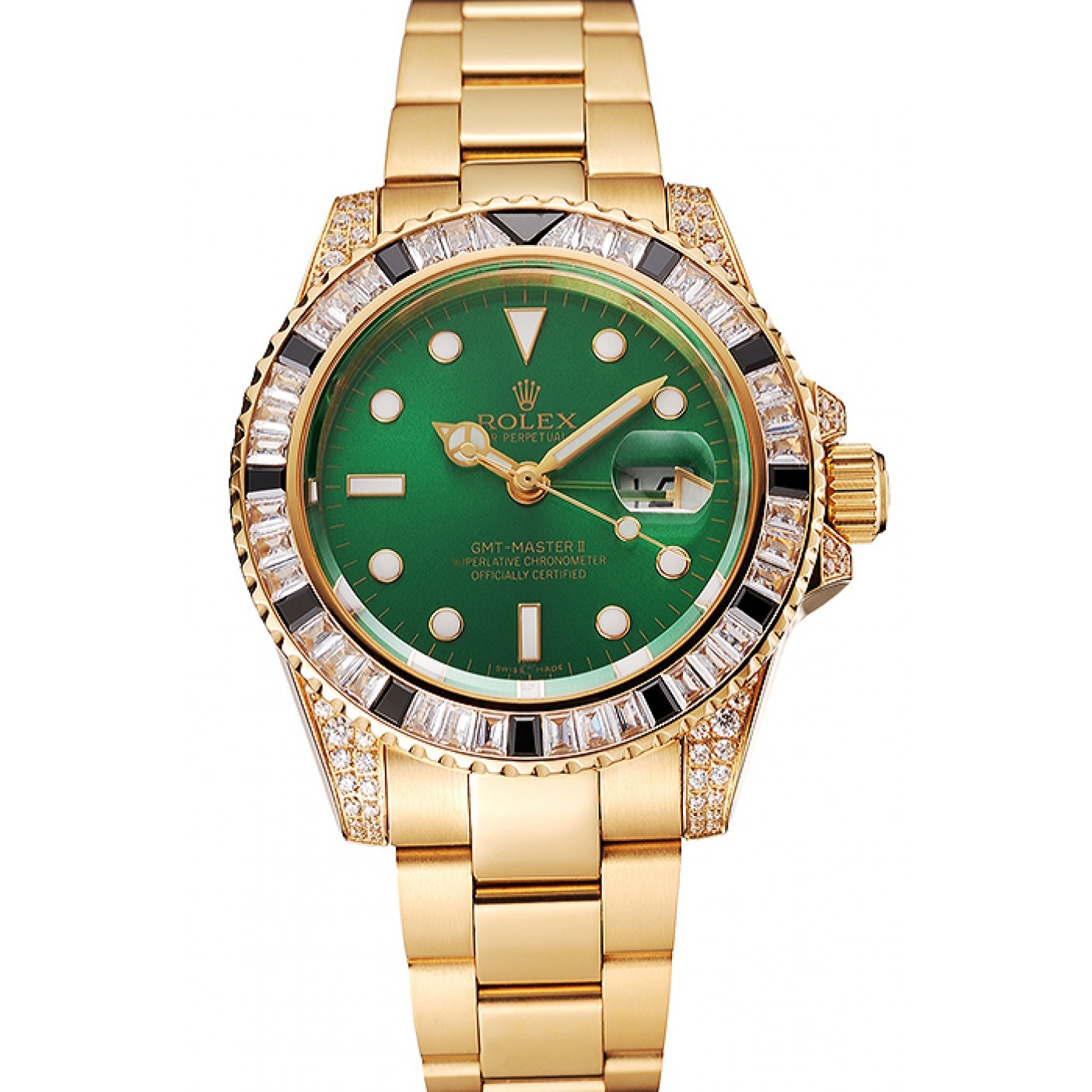 RepTime Watches Swiss Rolex GMT Master II Green Dial Stone Set Bezel Gold Case And Bracelet 1453748