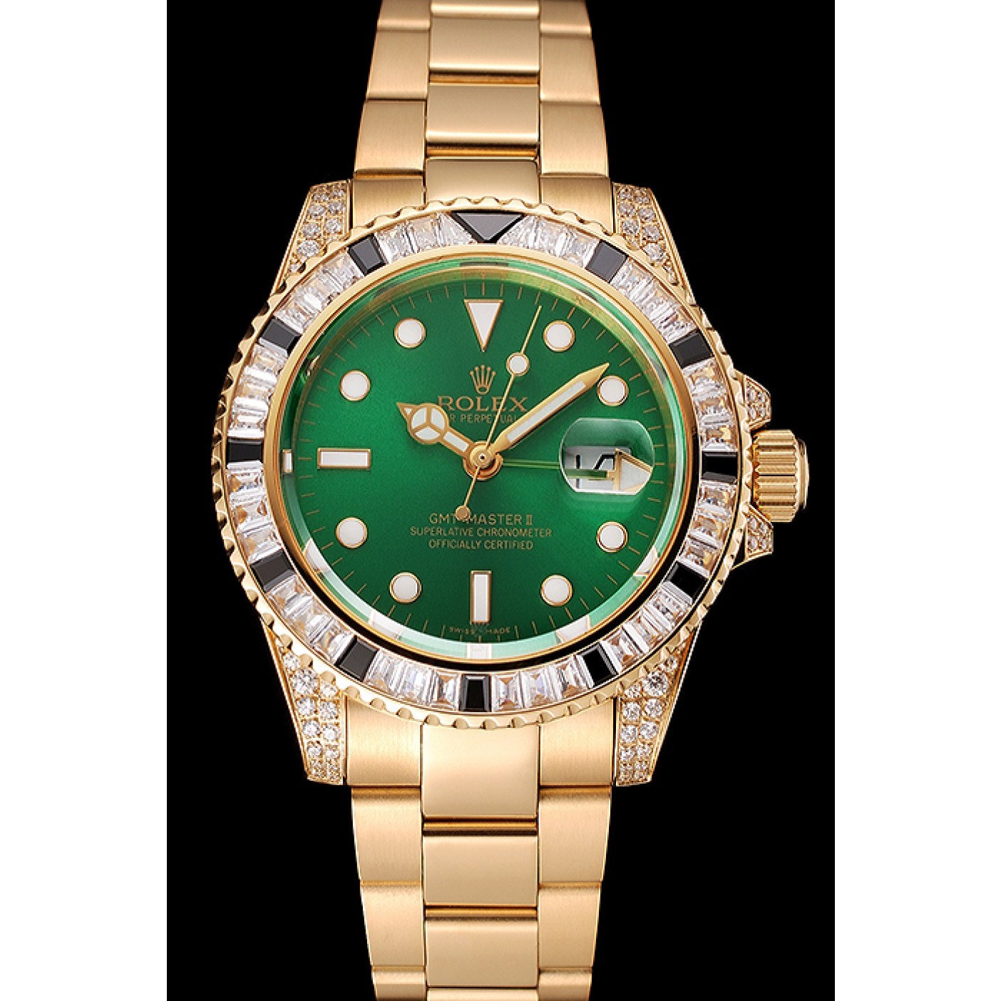 RepTime Watches Swiss Rolex GMT Master II Green Dial Stone Set Bezel Gold Case And Bracelet 1453748