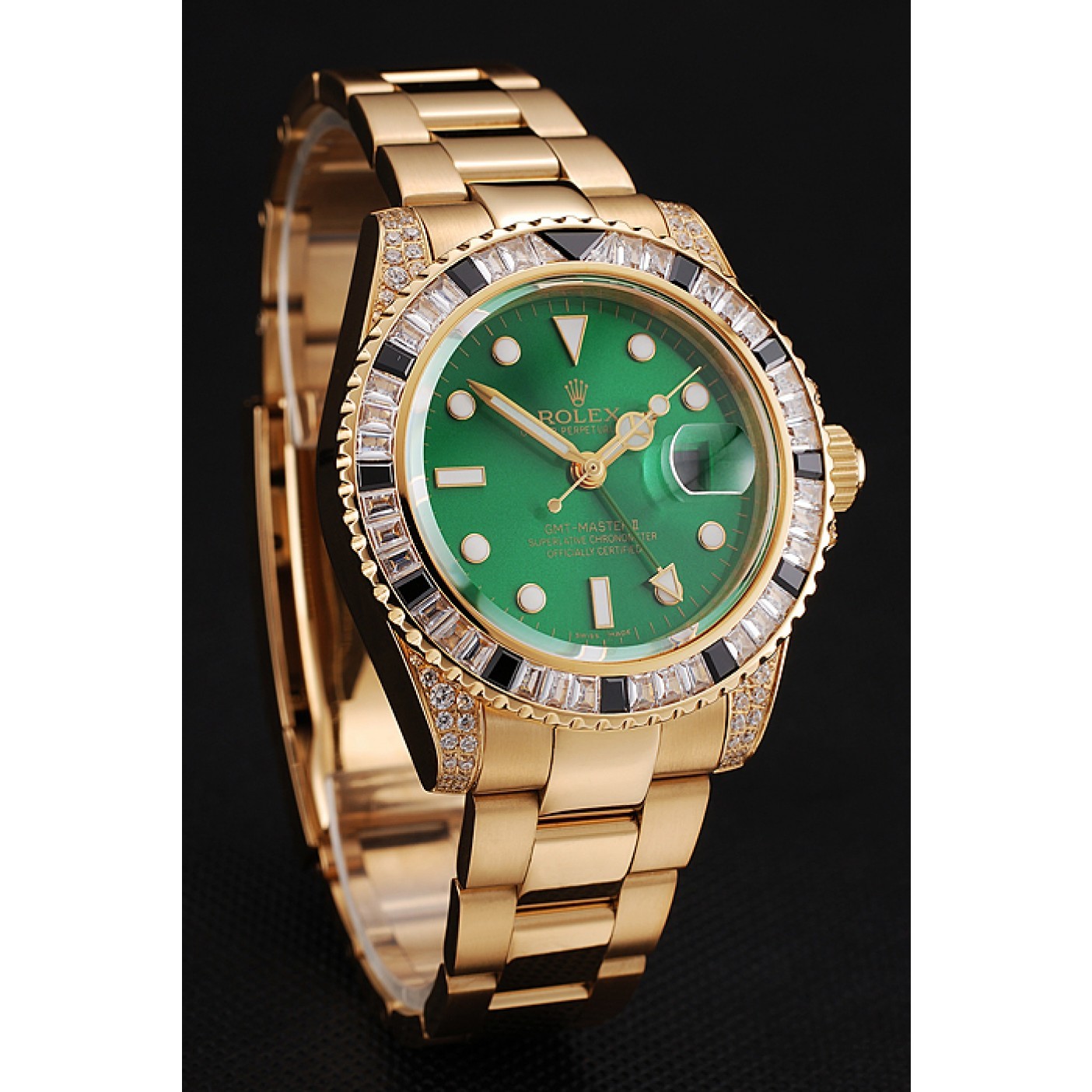 RepTime Watches Swiss Rolex GMT Master II Green Dial Stone Set Bezel Gold Case And Bracelet 1453748