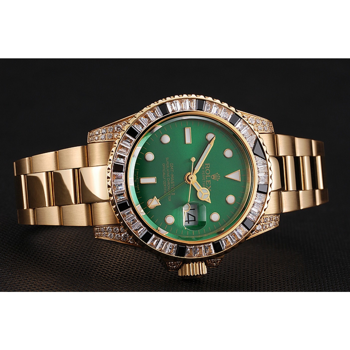 Swiss Rolex GMT Master II Green Dial Stone Set Bezel Gold Case And Bracelet 1453748