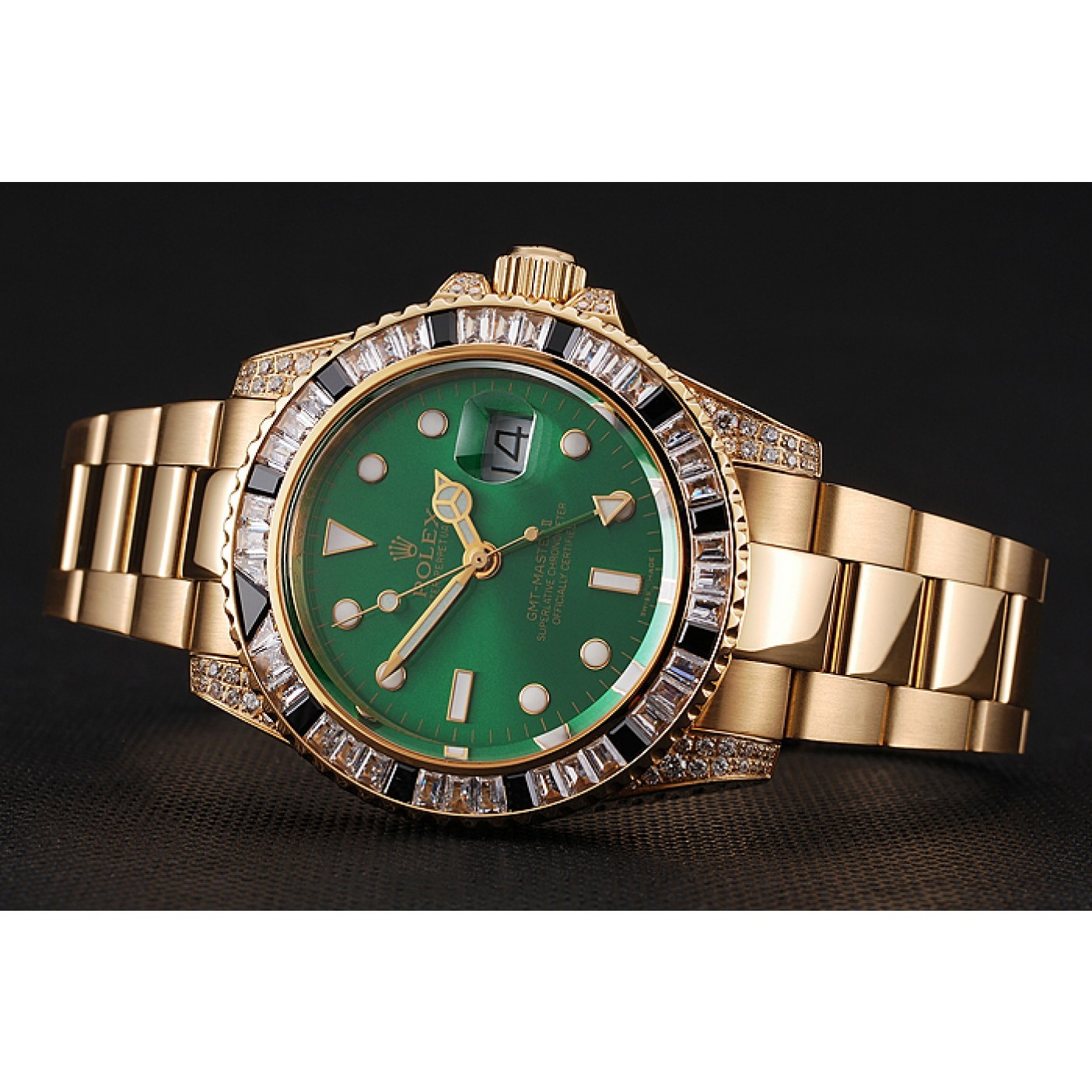 Swiss Rolex GMT Master II Green Dial Stone Set Bezel Gold Case And Bracelet 1453748