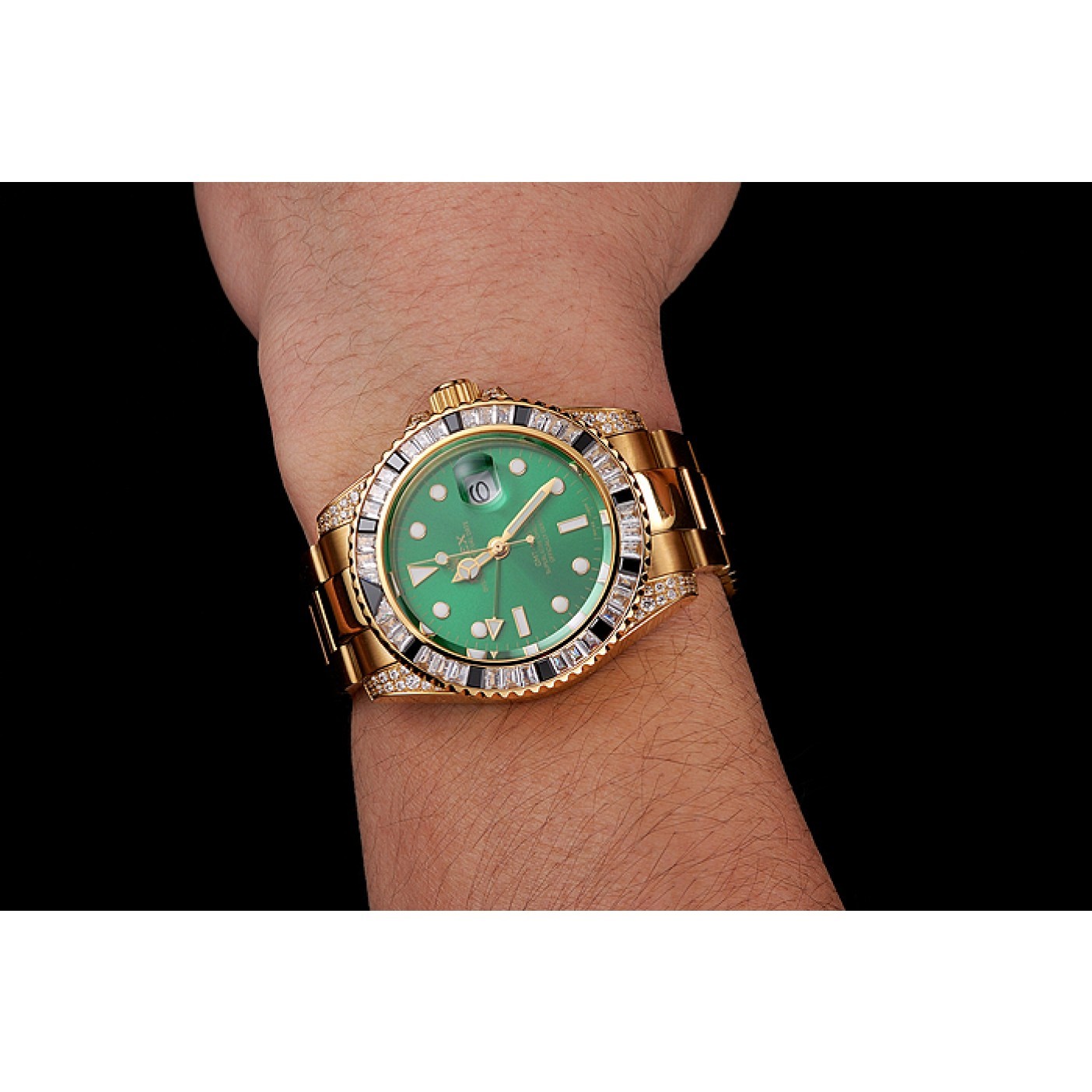 Swiss Rolex GMT Master II Green Dial Stone Set Bezel Gold Case And Bracelet 1453748