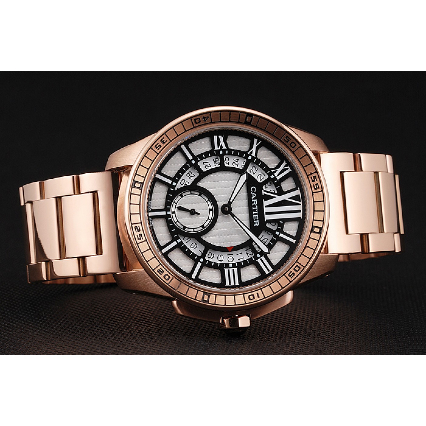 Cartier Calibre De Cartier Small Seconds Black And White Dial Rose Gold Case And Bracelet