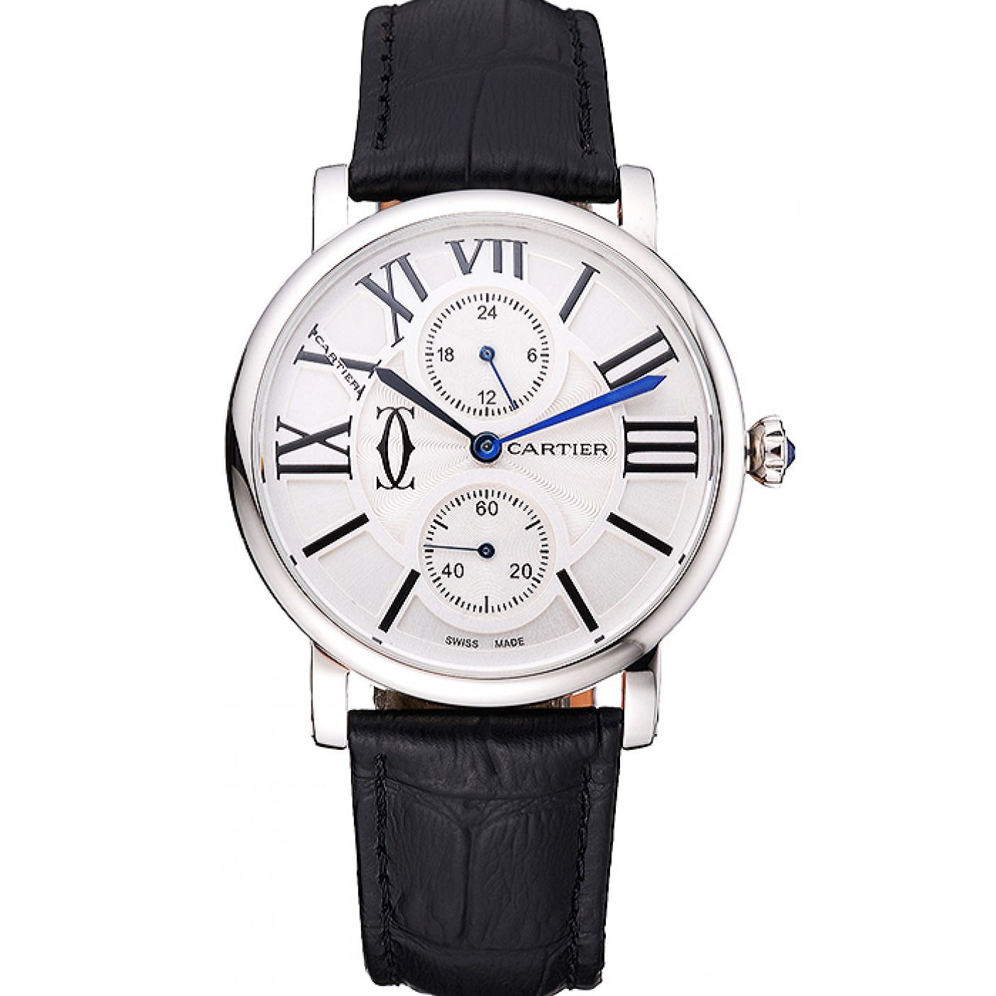 Cartier Ronde Second Time Zone White Dial Stainless Steel Case Black Leather Strap 622798