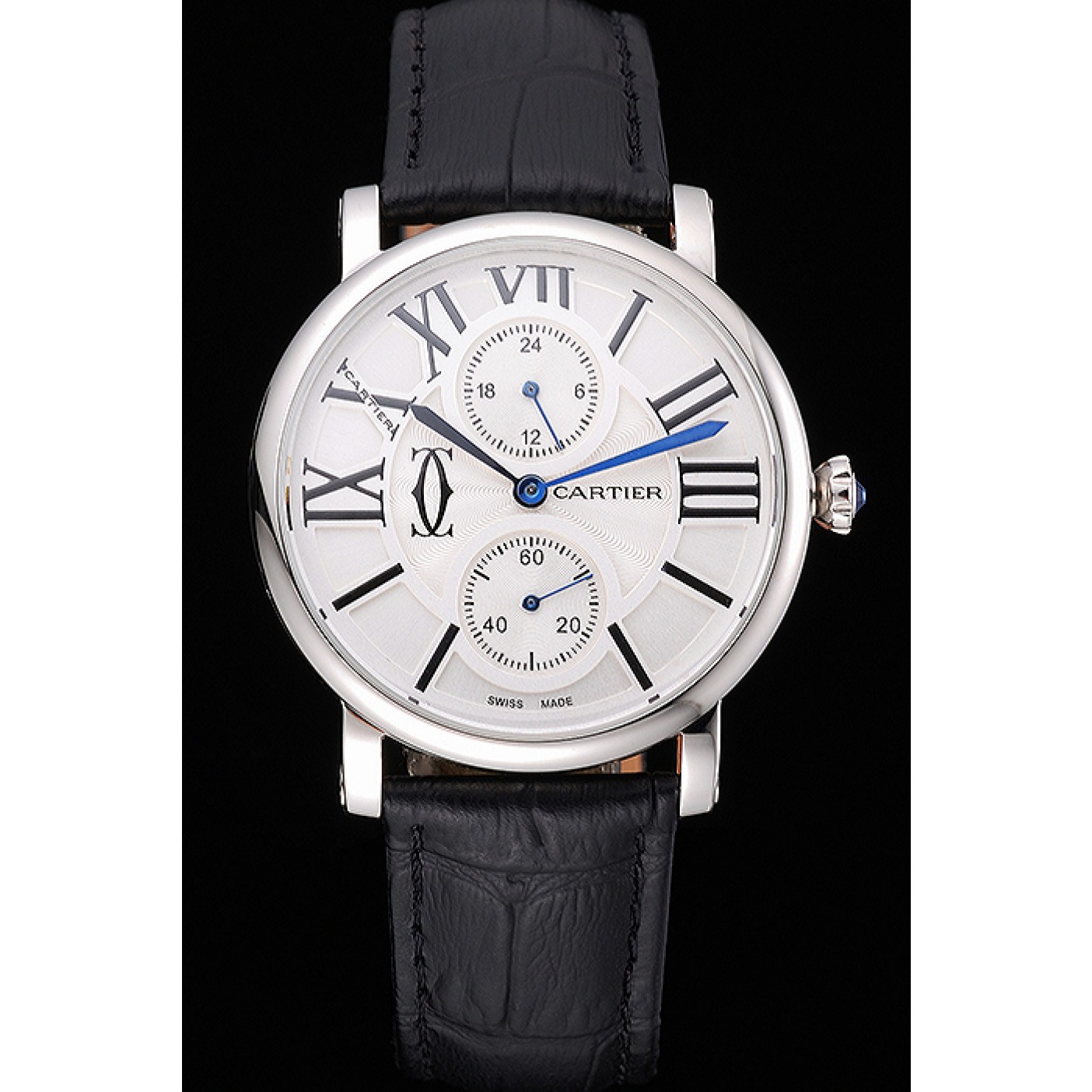 Cartier Ronde Second Time Zone White Dial Stainless Steel Case Black Leather Strap 622798