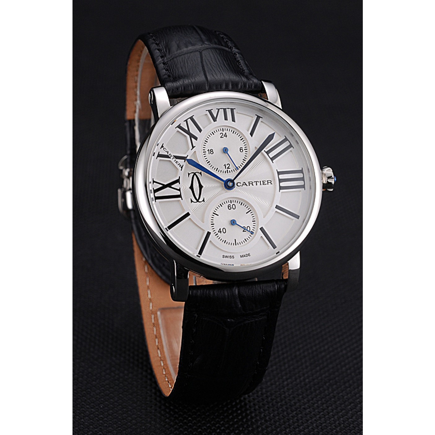 Cartier Ronde Second Time Zone White Dial Stainless Steel Case Black Leather Strap 622798