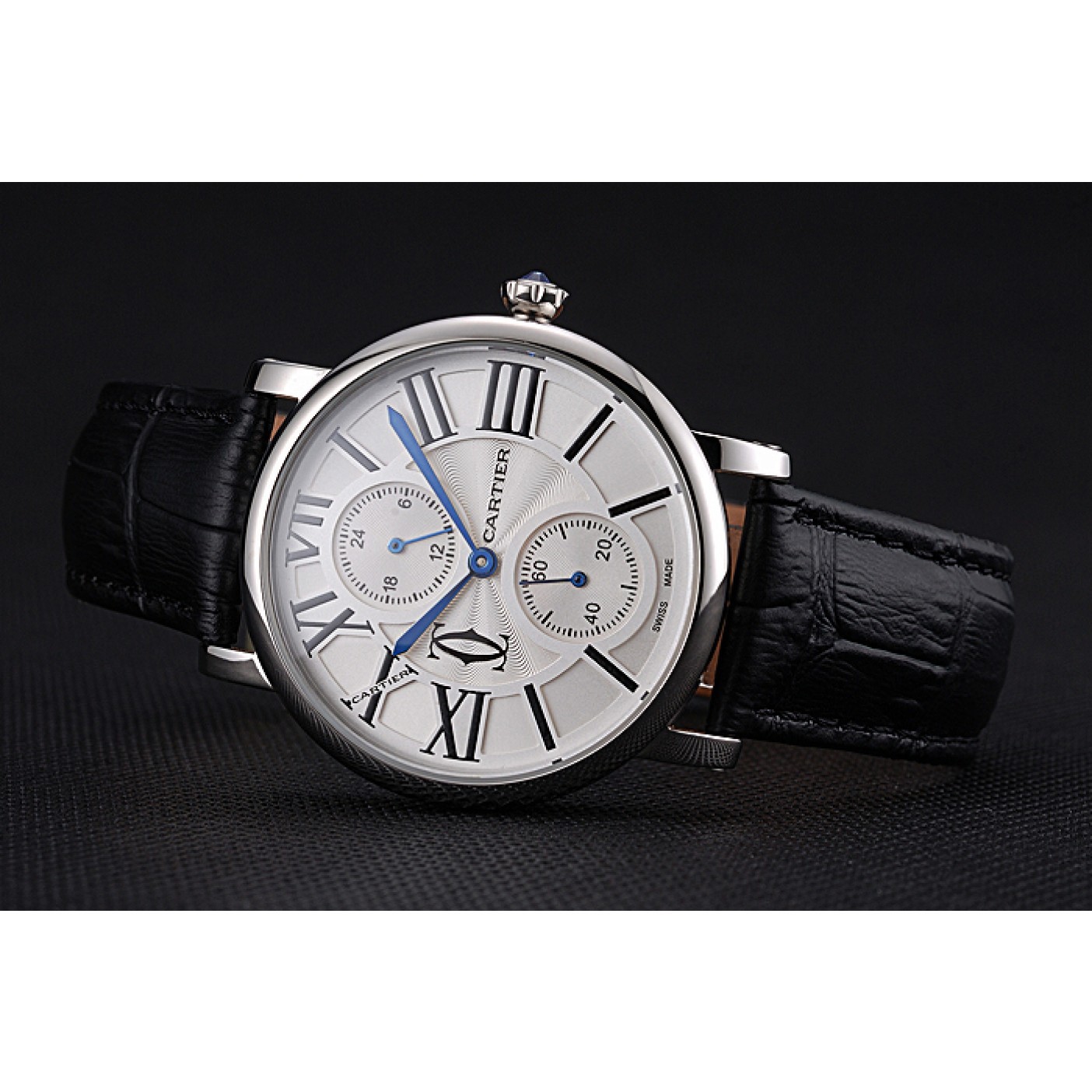 Cartier Ronde Second Time Zone White Dial Stainless Steel Case Black Leather Strap 622798