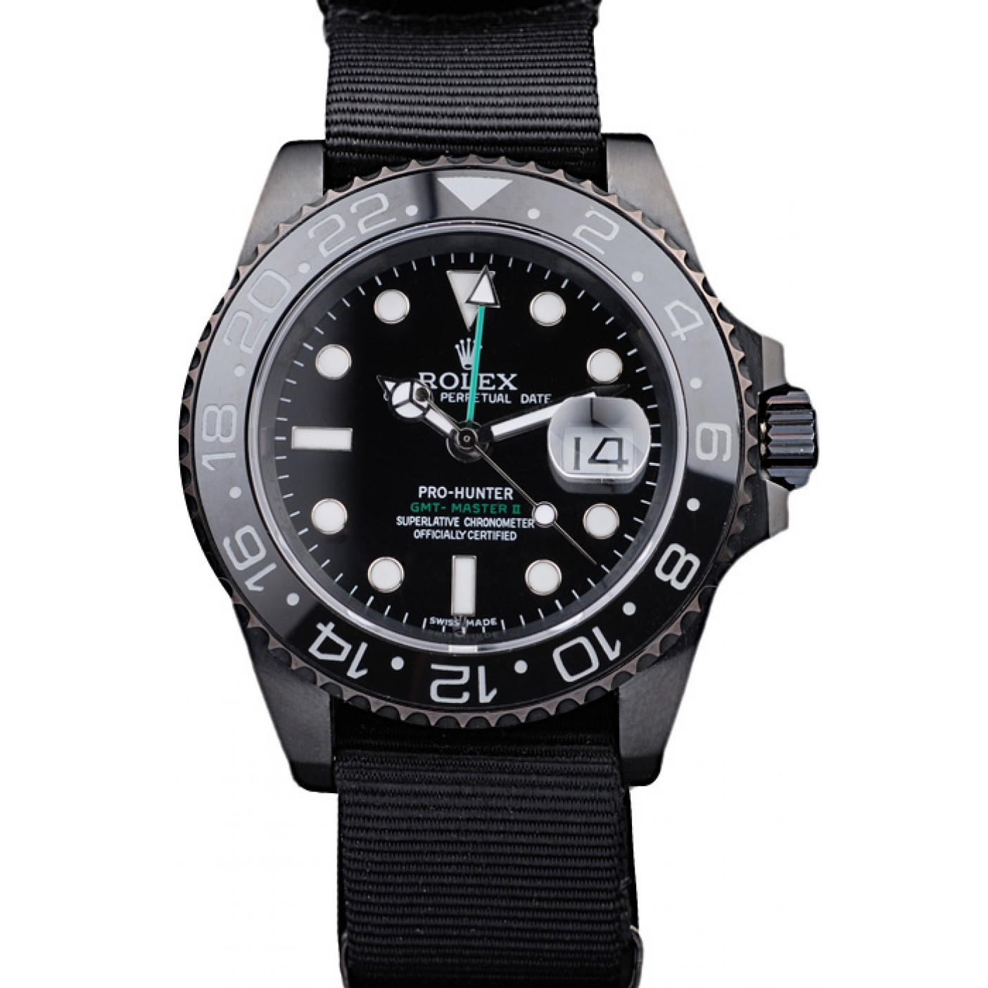 RepTime Watches Rolex Swiss GMT Master II Pro-Hunter Black Fabric Strap Black Dial