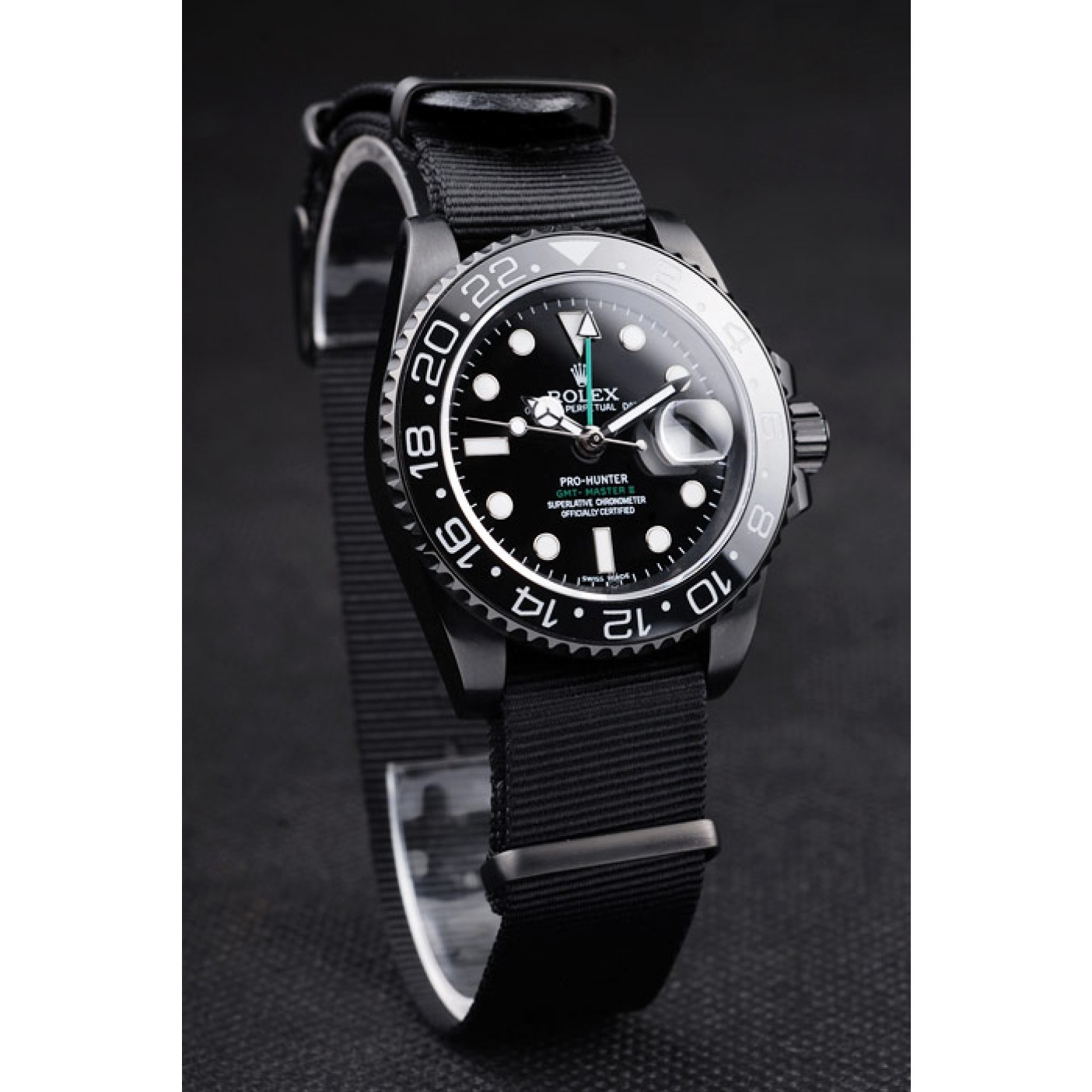 RepTime Watches Rolex Swiss GMT Master II Pro-Hunter Black Fabric Strap Black Dial