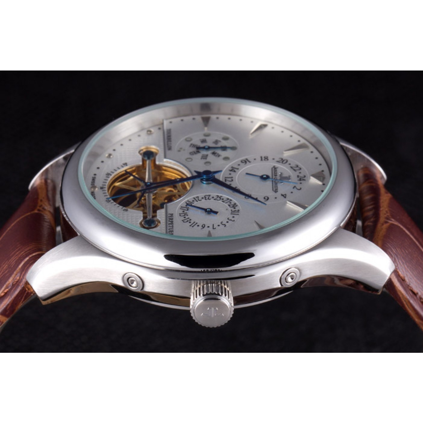 Jaeger Lecoultre Tourbillon Perpetuel Silver Bezel Brown Leather Band 621617