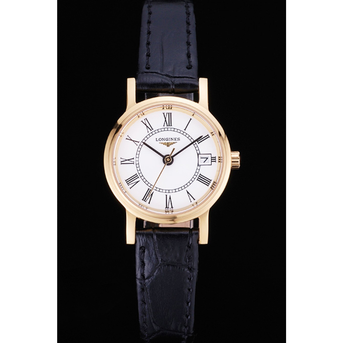 Longines La Grande Classique White Round Dial Gold Case Black Leather Band Small 622383