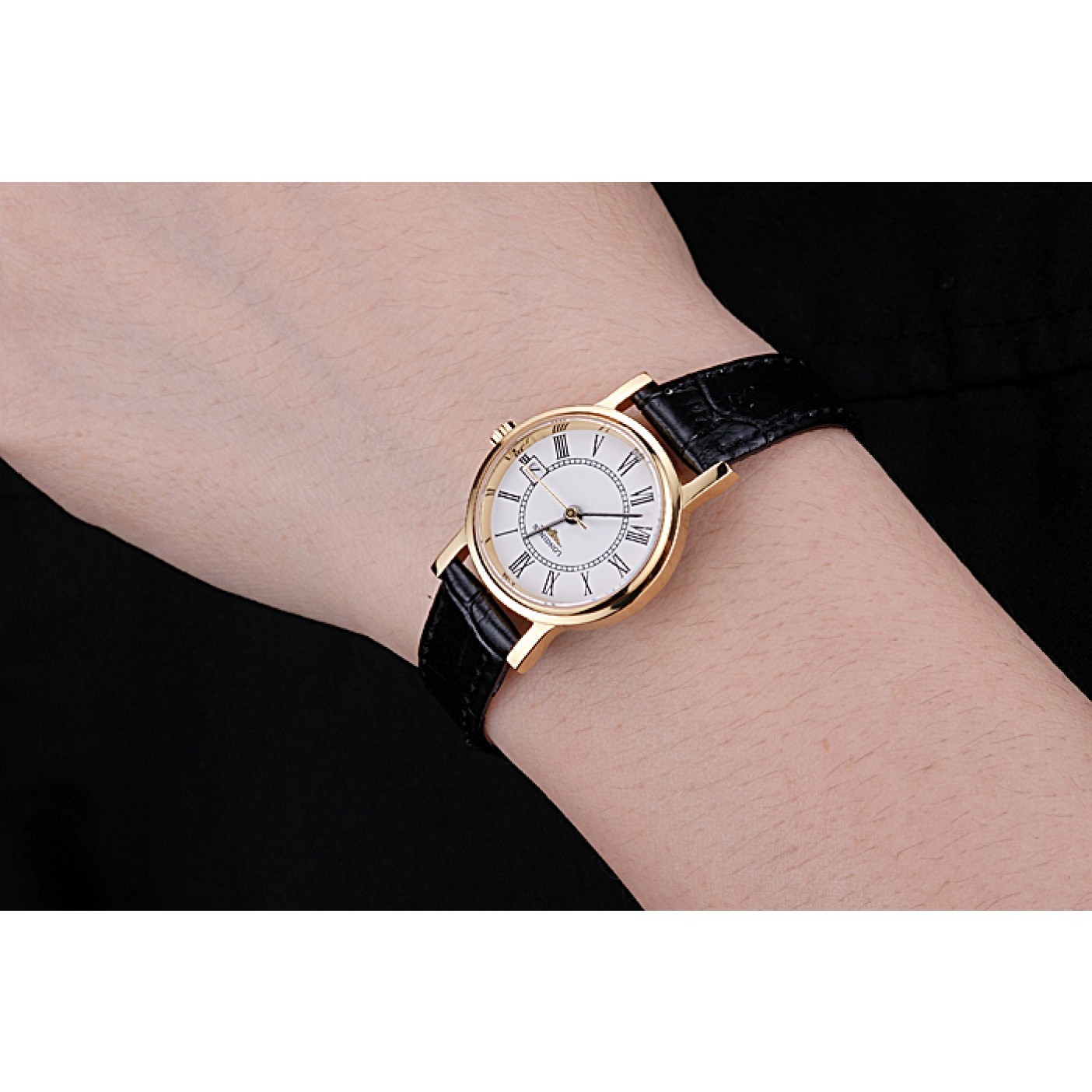 Longines La Grande Classique White Round Dial Gold Case Black Leather Band Small 622383