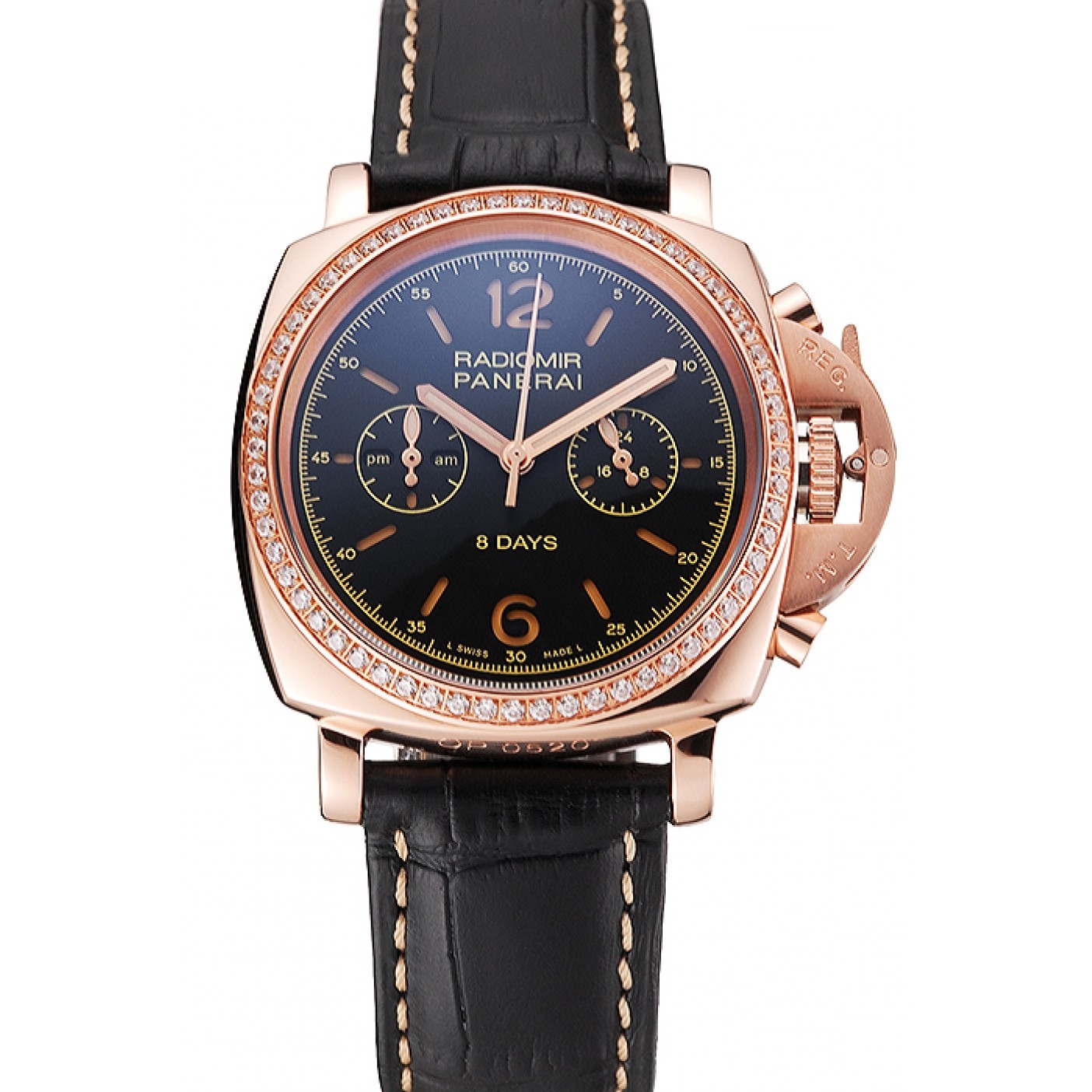 Panerai Radiomir 8 Days Chronograph Black Dial Diamond Bezel Rose Gold Case Black Leather Strap 1453798