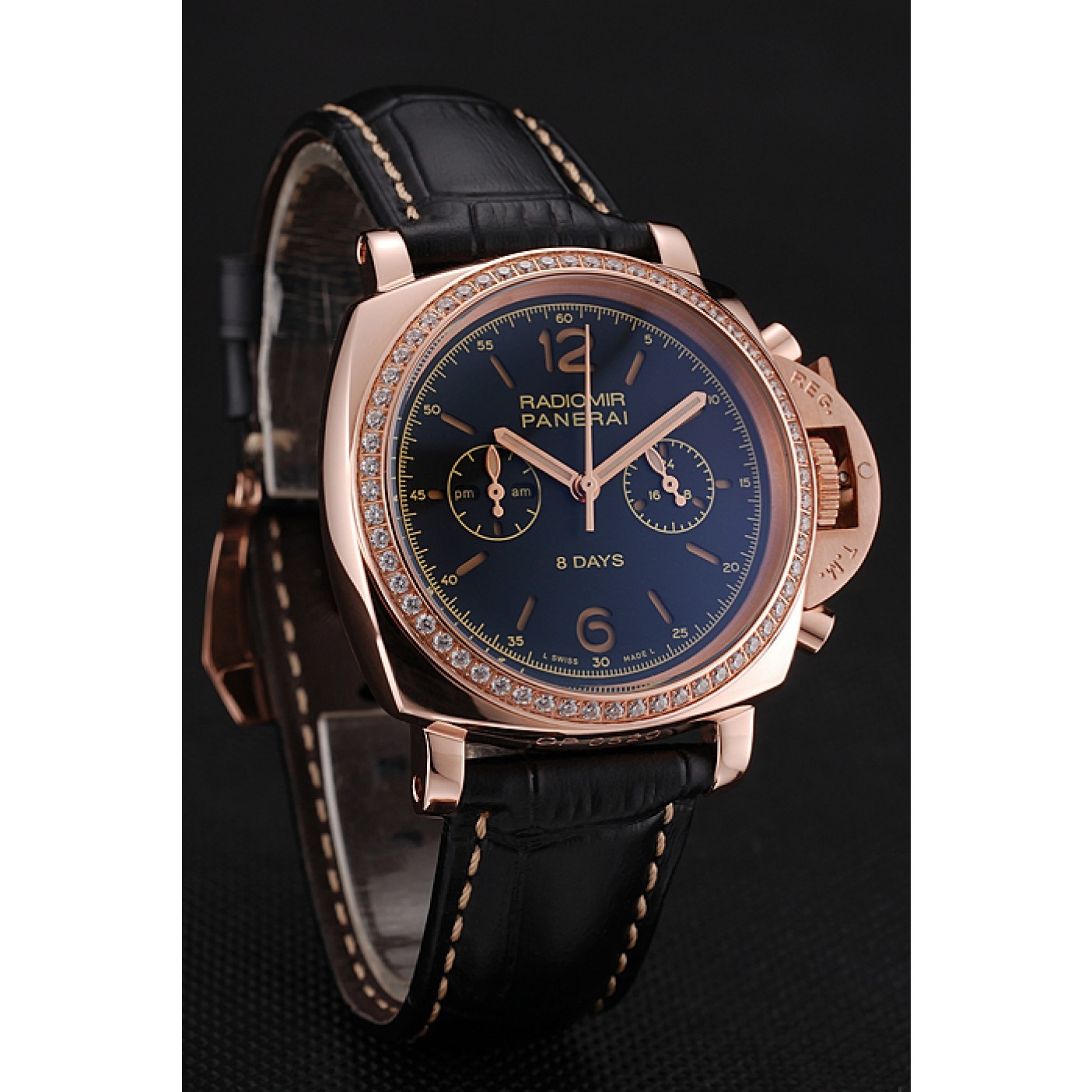 Panerai Radiomir 8 Days Chronograph Black Dial Diamond Bezel Rose Gold Case Black Leather Strap 1453798