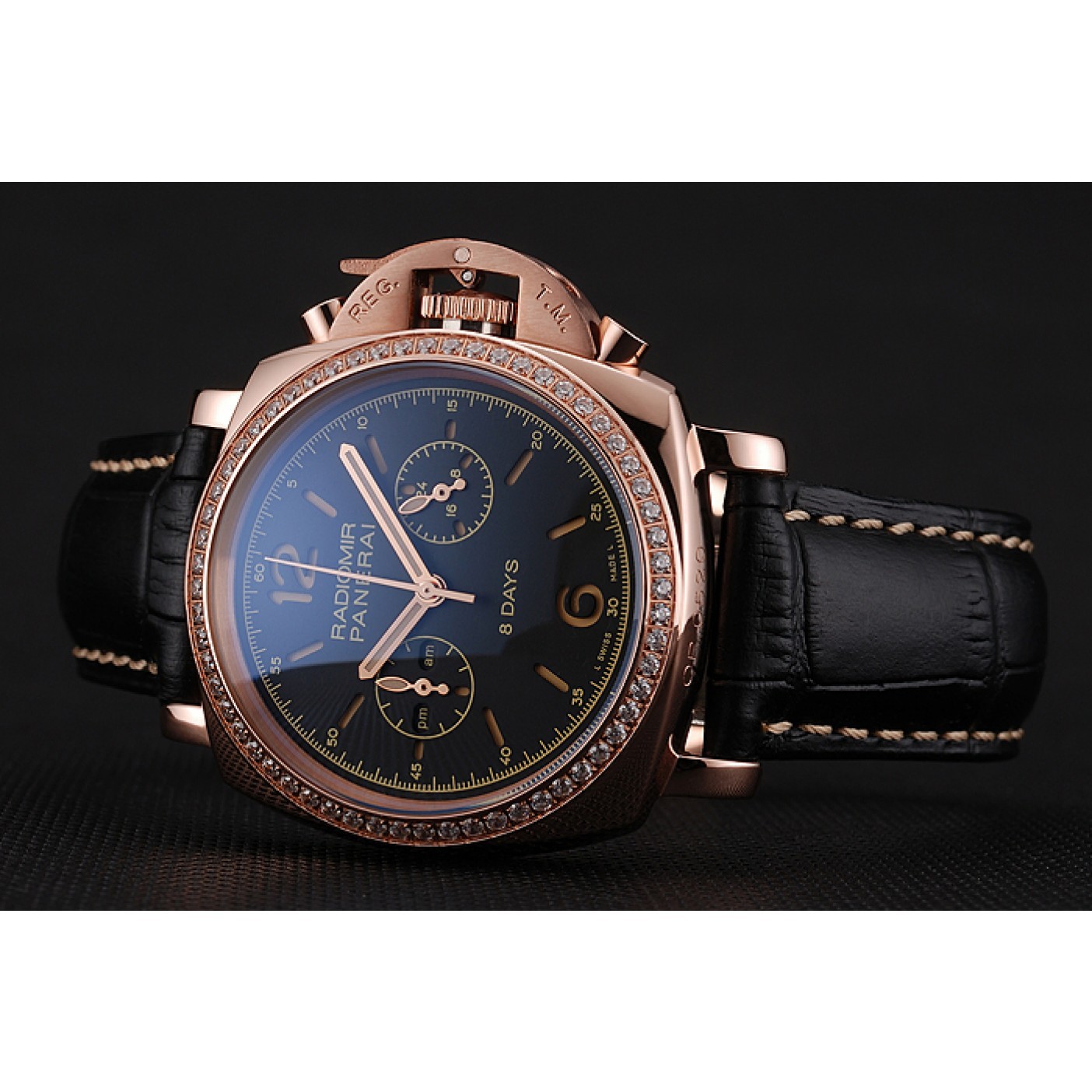 Panerai Radiomir 8 Days Chronograph Black Dial Diamond Bezel Rose Gold Case Black Leather Strap 1453798