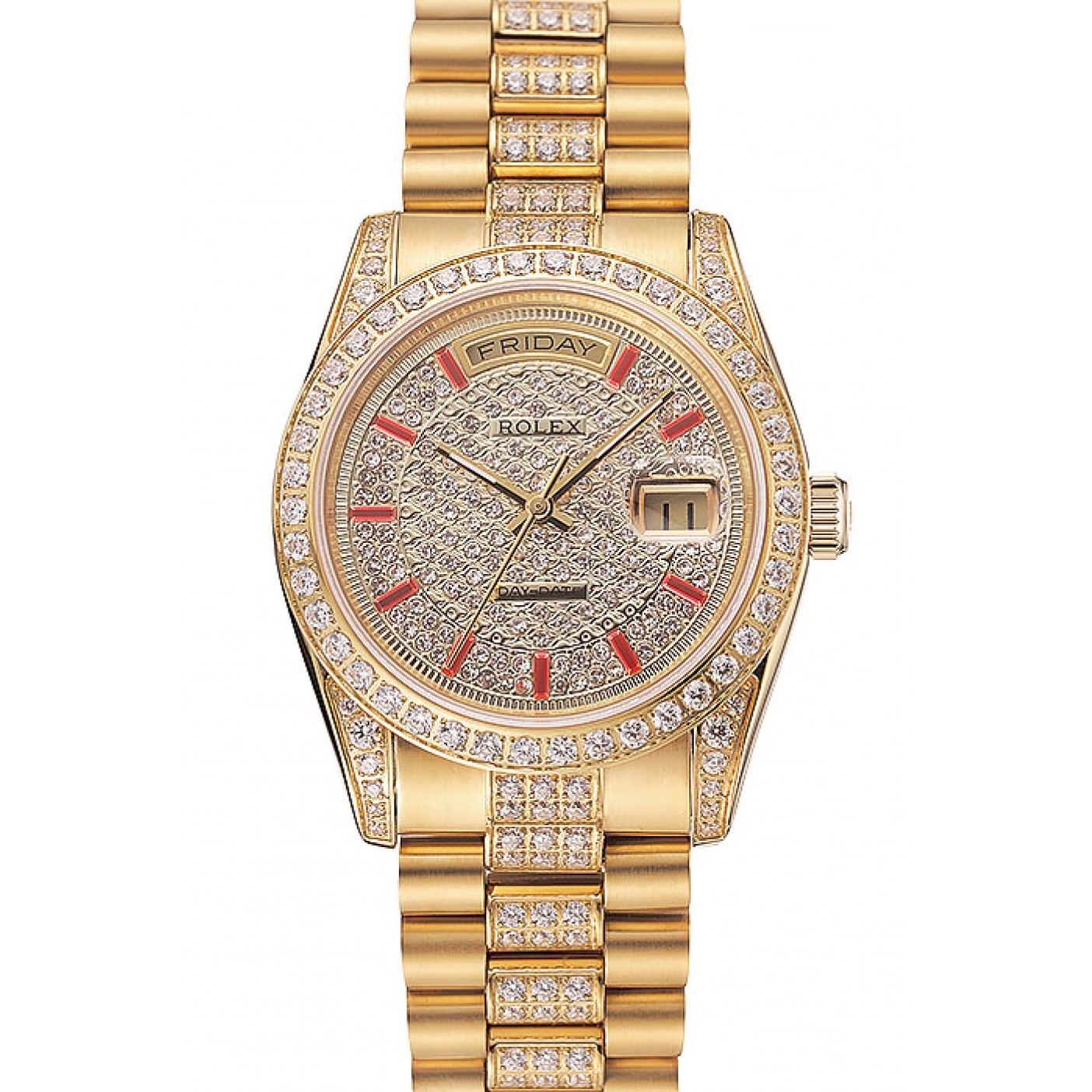 RepTime Watches Swiss Rolex Day-Date Red Diamond Pave Dial Gold Diamond Bracelet 1453960