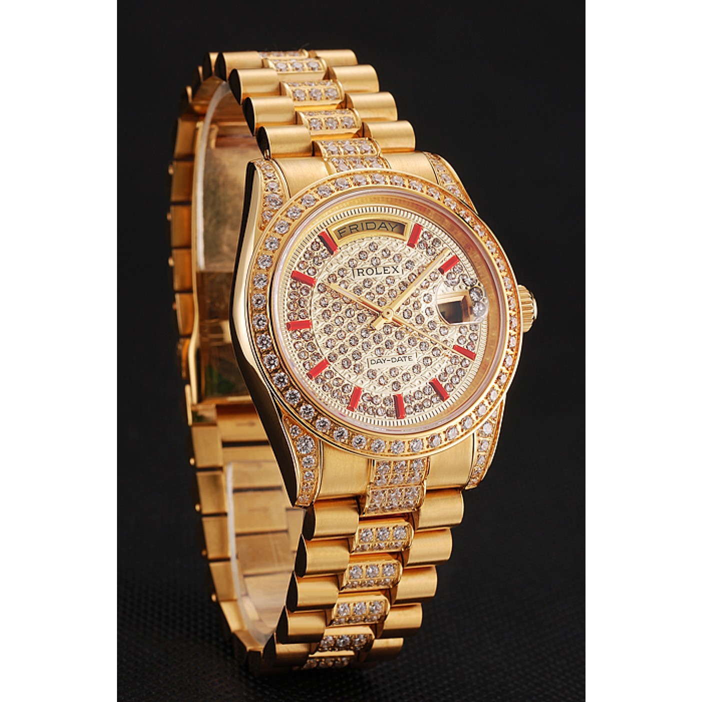 Swiss Rolex Day-Date Red Diamond Pave Dial Gold Diamond Bracelet 1453960