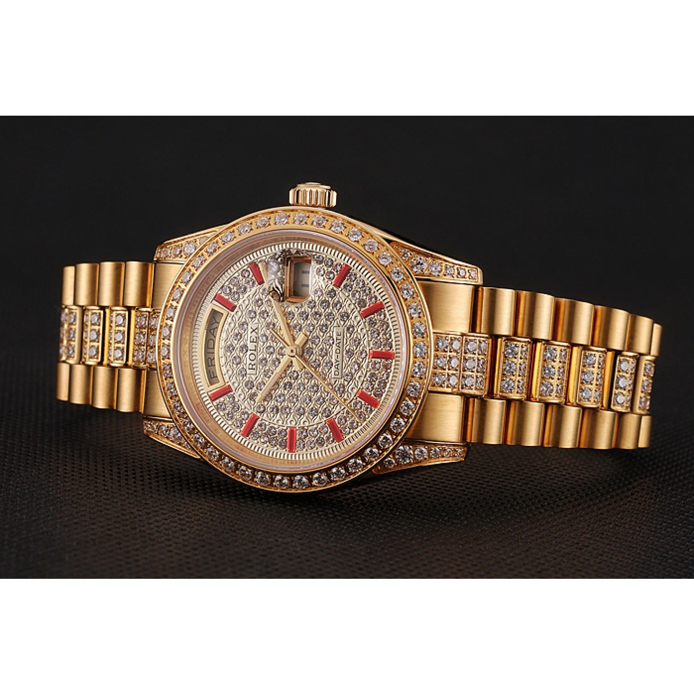 Swiss Rolex Day-Date Red Diamond Pave Dial Gold Diamond Bracelet 1453960