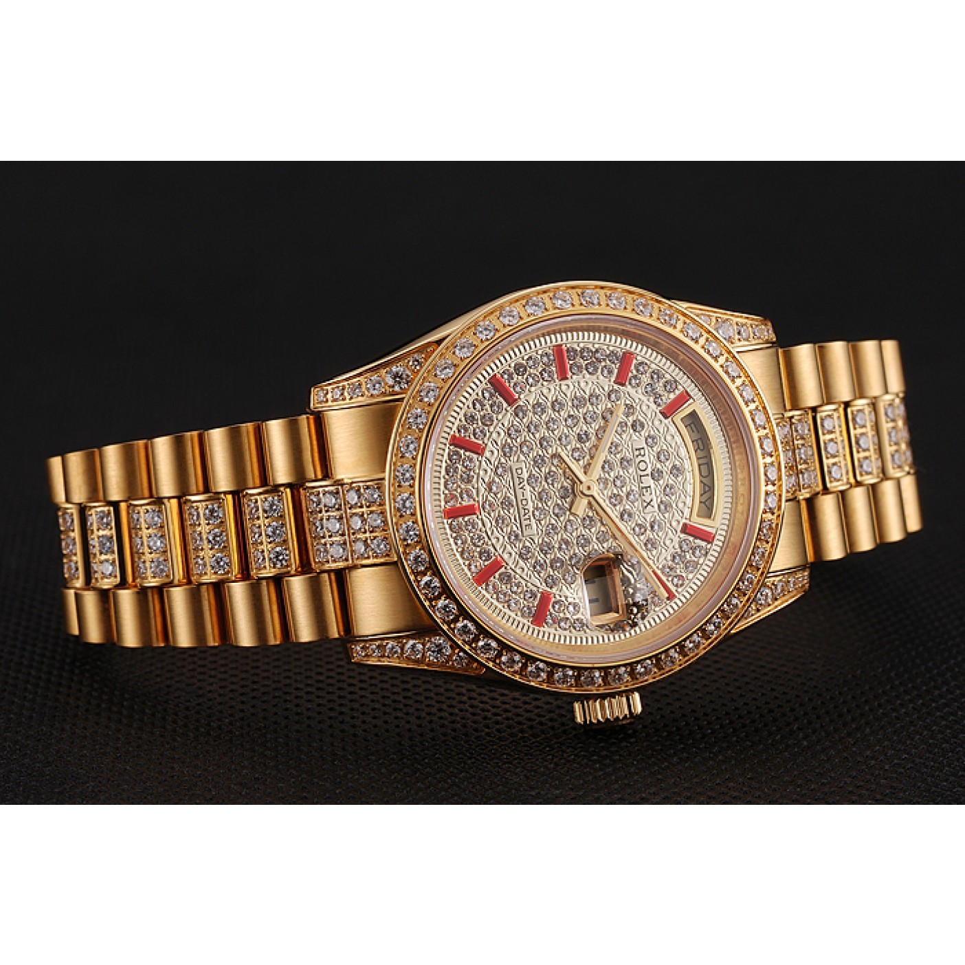 RepTime Watches Swiss Rolex Day-Date Red Diamond Pave Dial Gold Diamond Bracelet 1453960