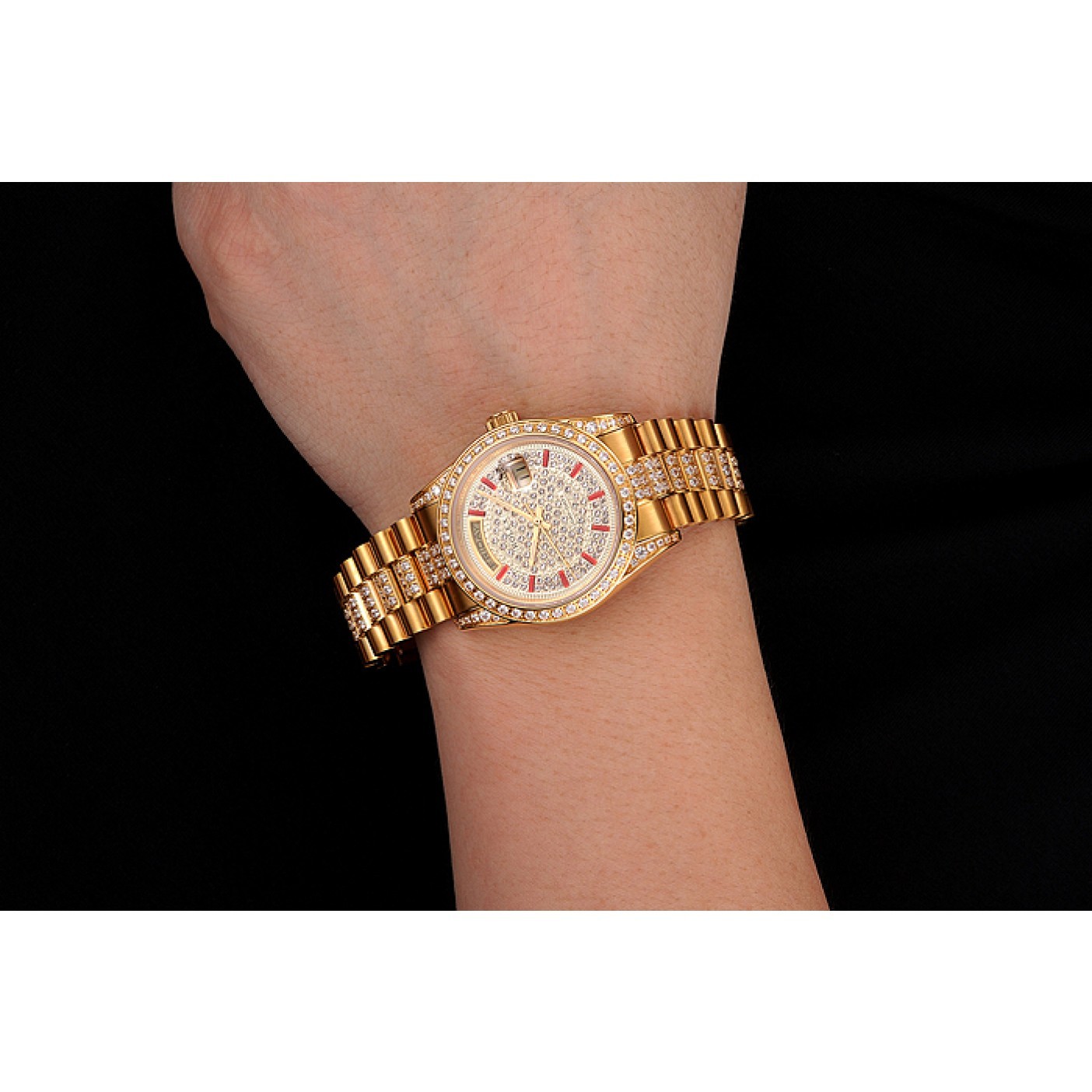 RepTime Watches Swiss Rolex Day-Date Red Diamond Pave Dial Gold Diamond Bracelet 1453960