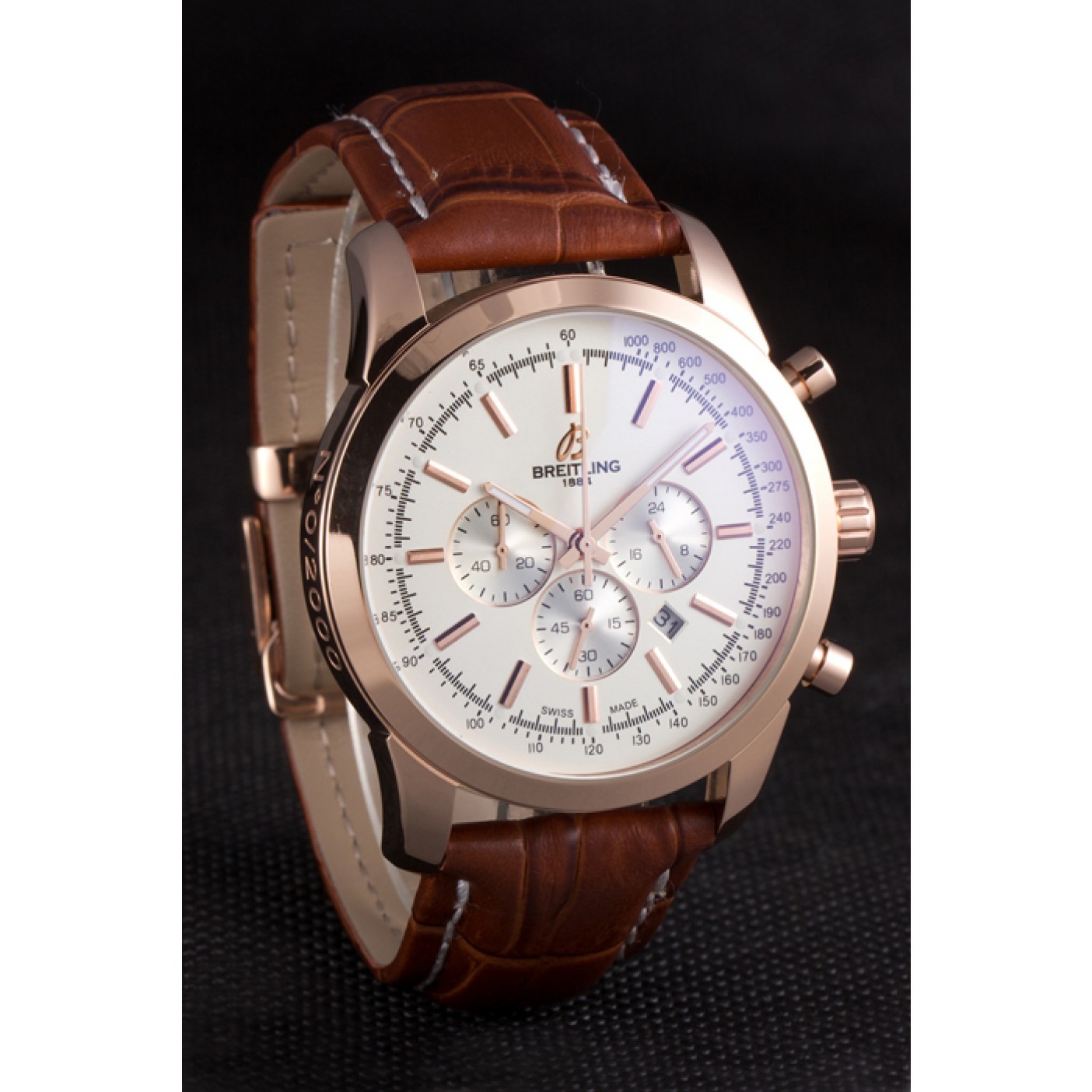 Breitling Transocean White Dial Brown Leather Strap Rose Gold Bezel