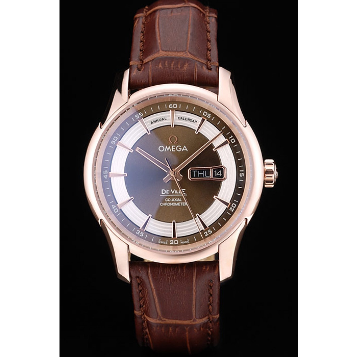 Omega Swiss DeVille Rose Gold Bezel Brown Leather Strap 7616